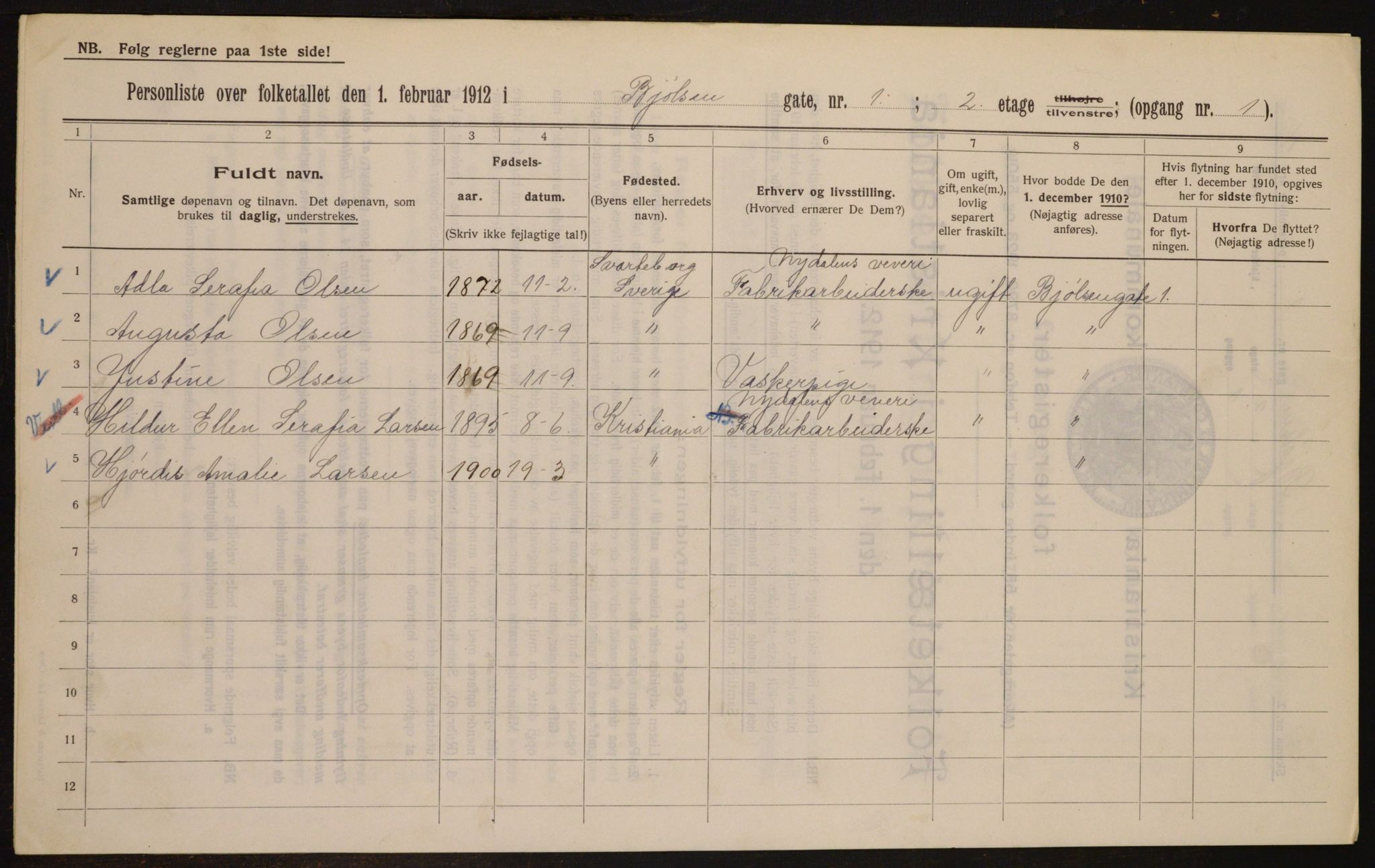 OBA, Municipal Census 1912 for Kristiania, 1912, p. 6291