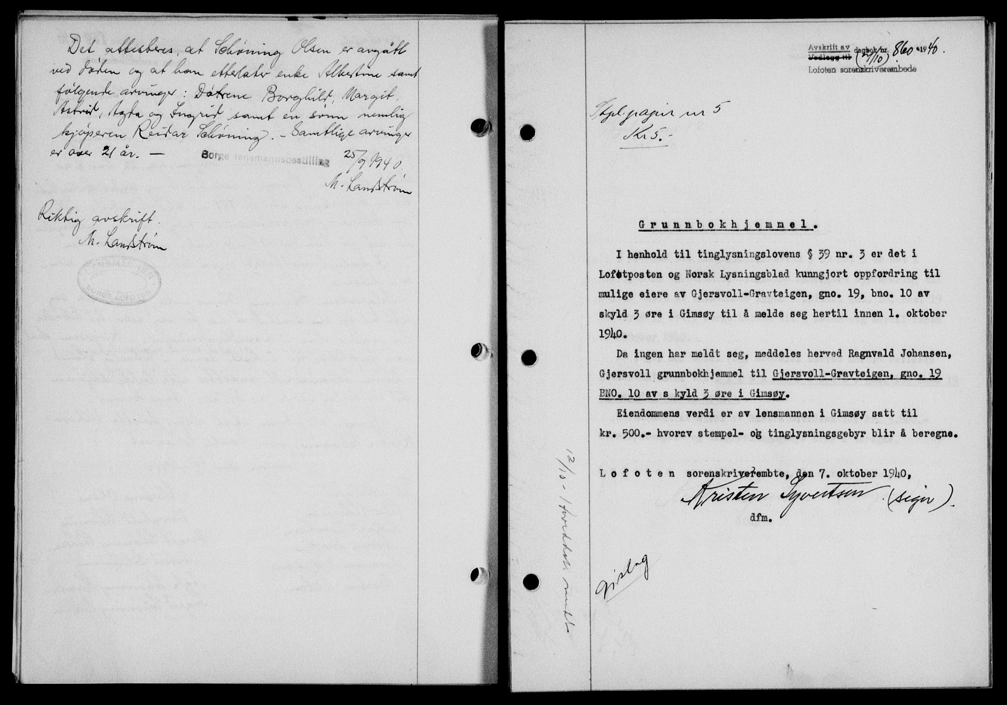 Lofoten sorenskriveri, SAT/A-0017/1/2/2C/L0007a: Mortgage book no. 7a, 1939-1940, Diary no: : 860/1940