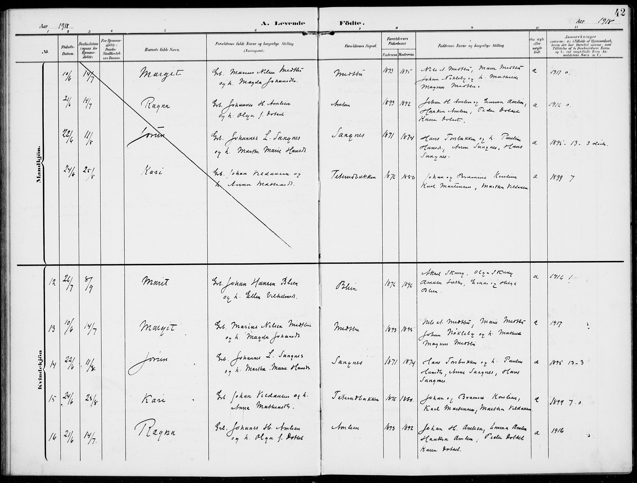 Kolbu prestekontor, AV/SAH-PREST-110/H/Ha/Haa/L0001: Parish register (official) no. 1, 1907-1923, p. 42