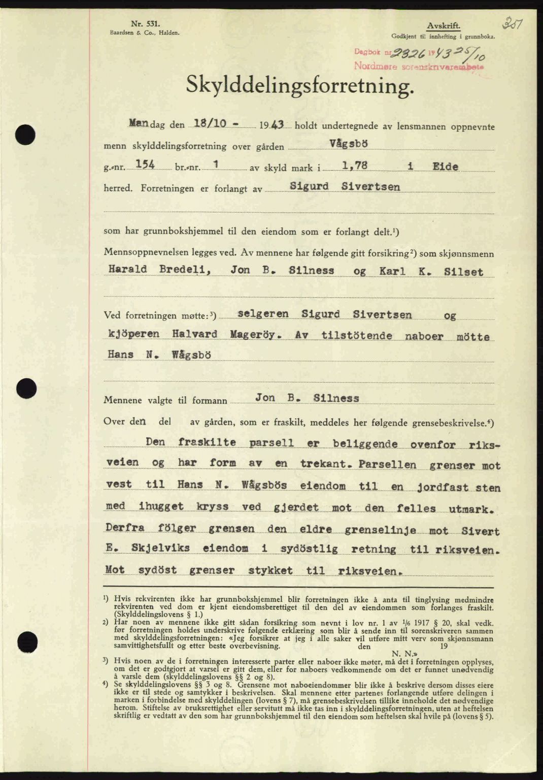 Nordmøre sorenskriveri, SAT/A-4132/1/2/2Ca: Mortgage book no. A96, 1943-1944, Diary no: : 2326/1943