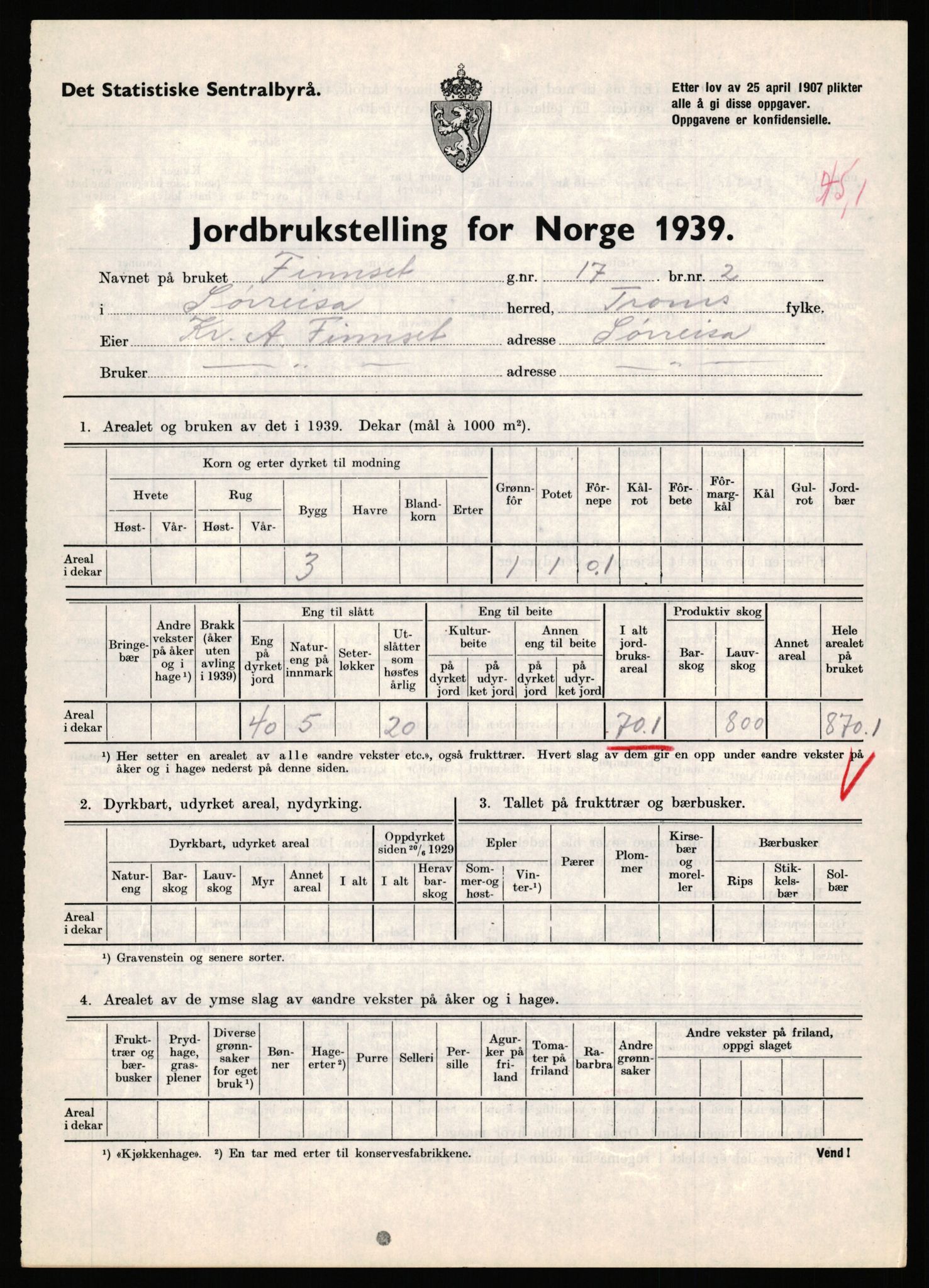 Statistisk sentralbyrå, Næringsøkonomiske emner, Jordbruk, skogbruk, jakt, fiske og fangst, AV/RA-S-2234/G/Gb/L0341: Troms: Sørreisa og Tranøy, 1939, p. 710