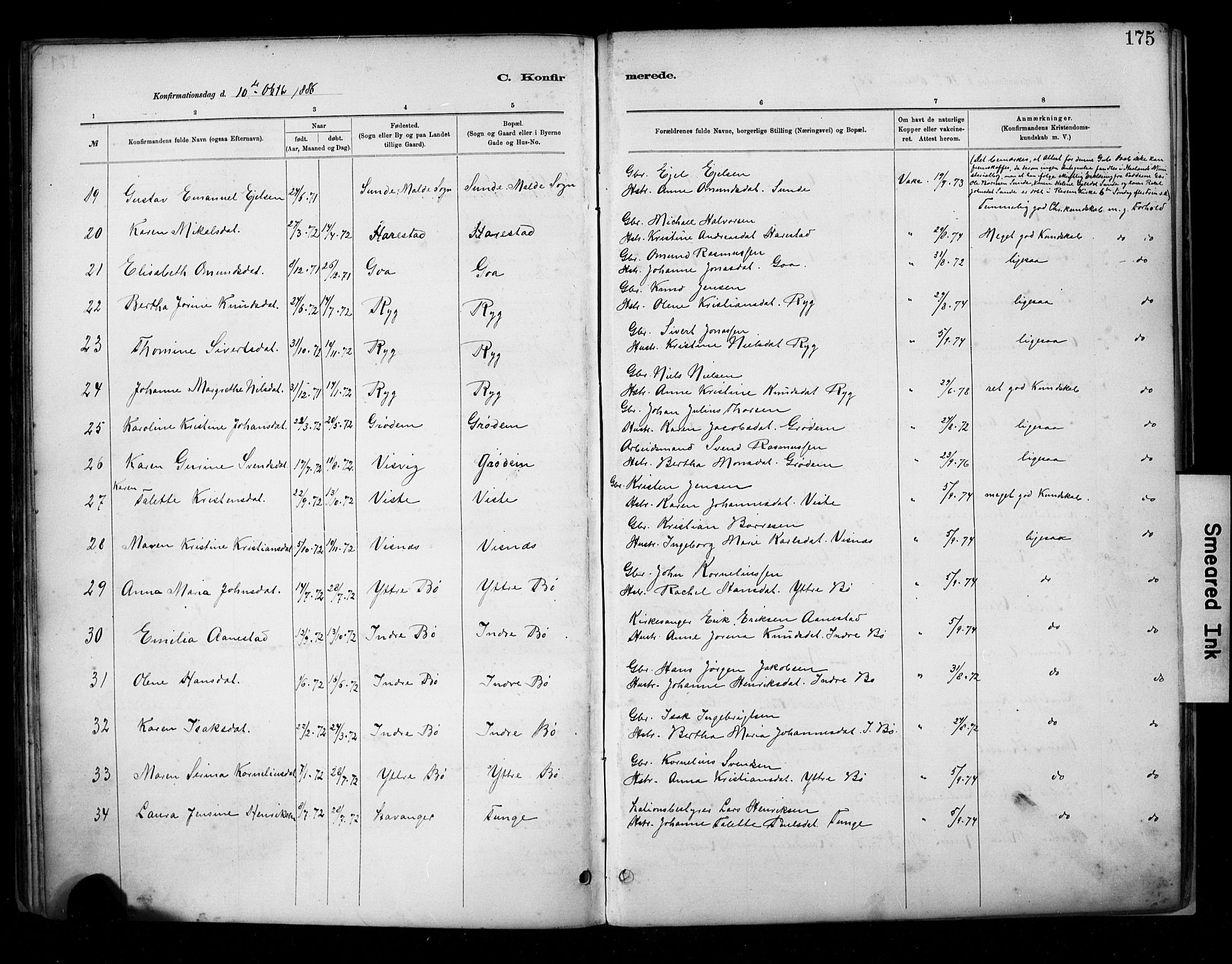 Hetland sokneprestkontor, SAST/A-101826/30/30BA/L0009: Parish register (official) no. A 9, 1882-1918, p. 175