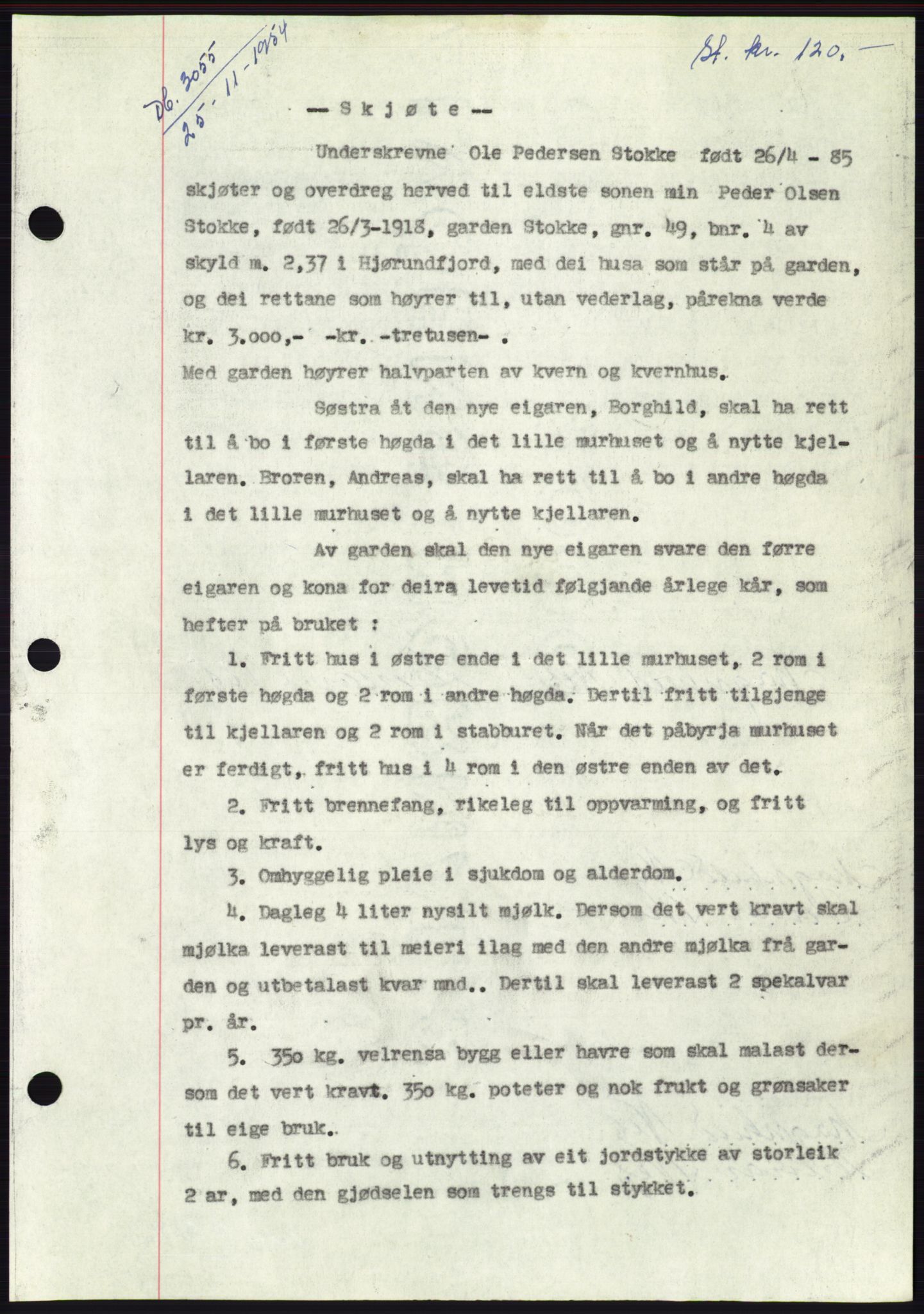 Søre Sunnmøre sorenskriveri, AV/SAT-A-4122/1/2/2C/L0126: Mortgage book no. 14B, 1954-1955, Diary no: : 3055/1954