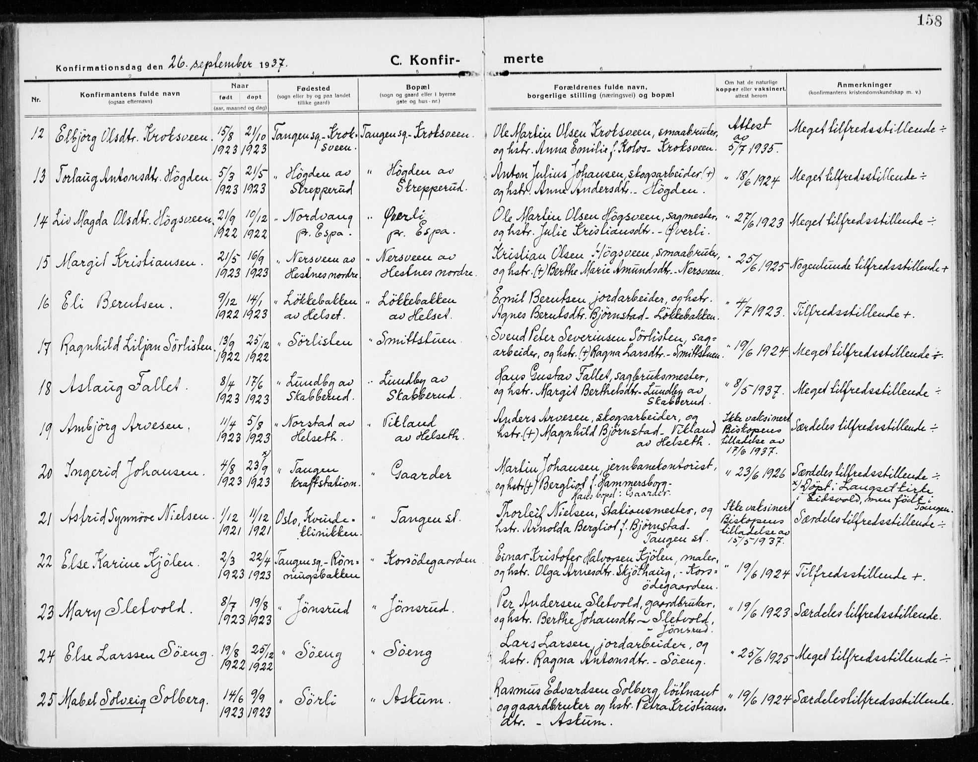 Stange prestekontor, SAH/PREST-002/K/L0025: Parish register (official) no. 25, 1921-1945, p. 158