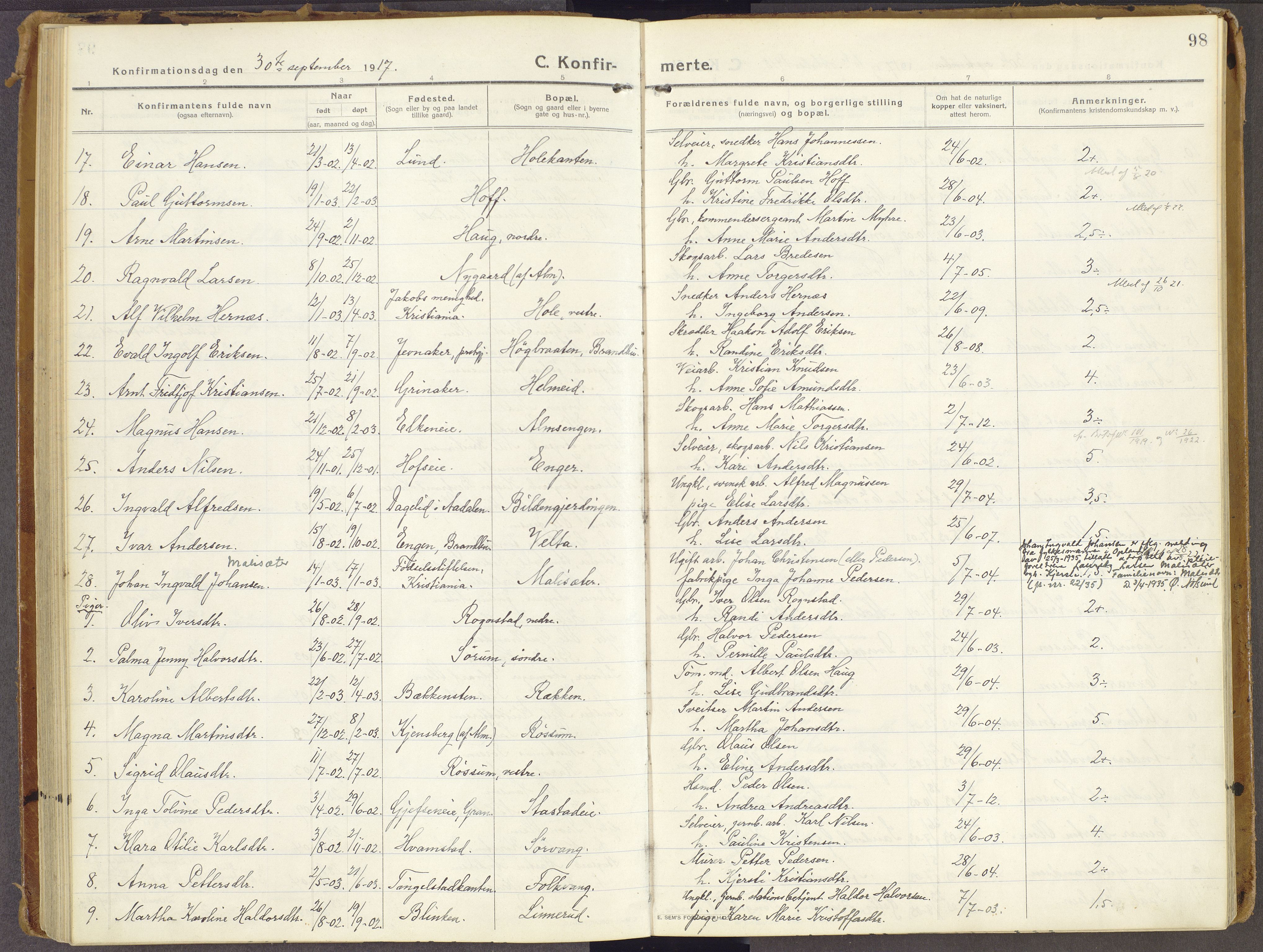 Brandbu prestekontor, SAH/PREST-114/H/Ha/Haa/L0003: Parish register (official) no. 3, 1914-1928, p. 98