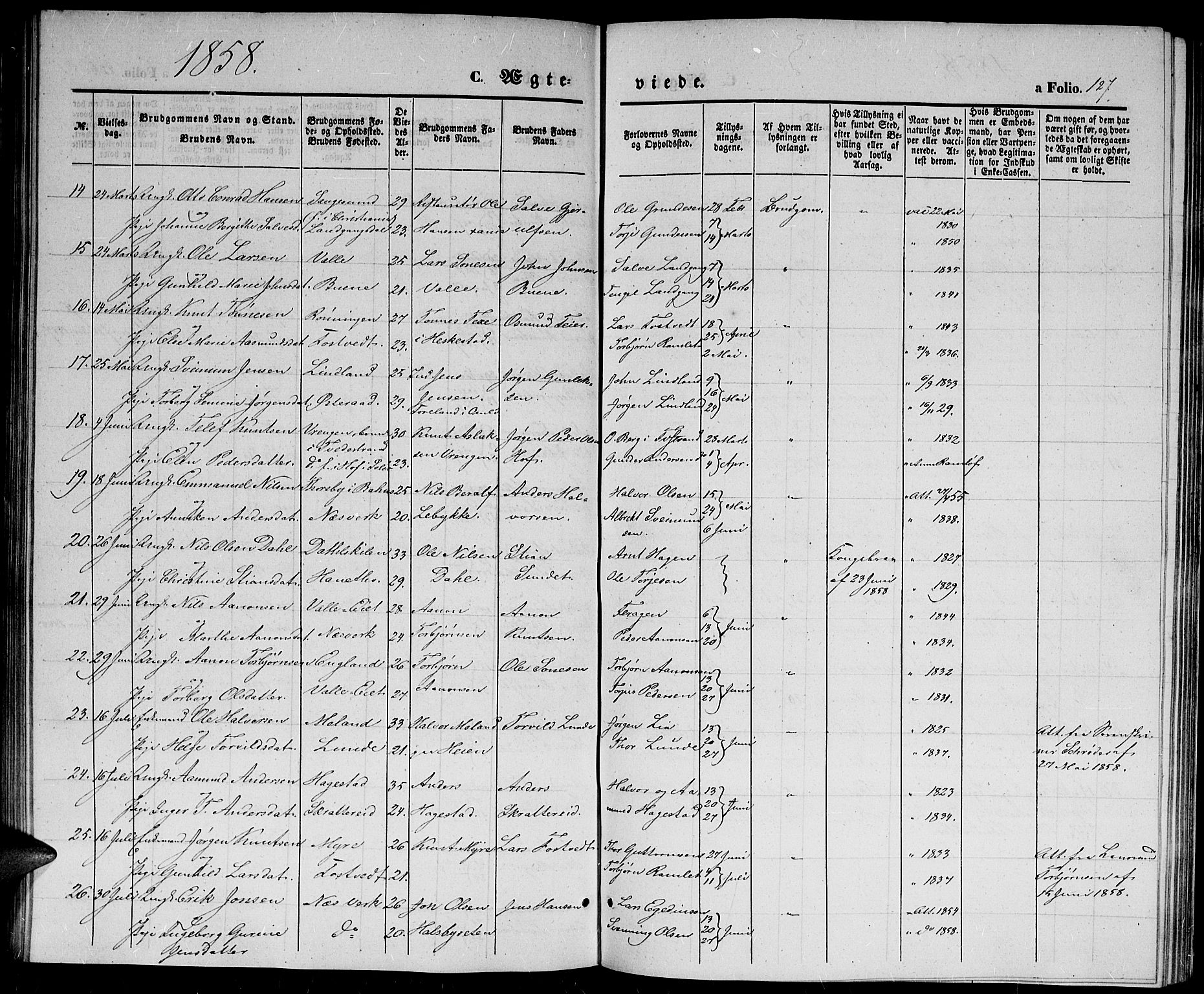 Holt sokneprestkontor, AV/SAK-1111-0021/F/Fb/L0007: Parish register (copy) no. B 7, 1849-1858, p. 127