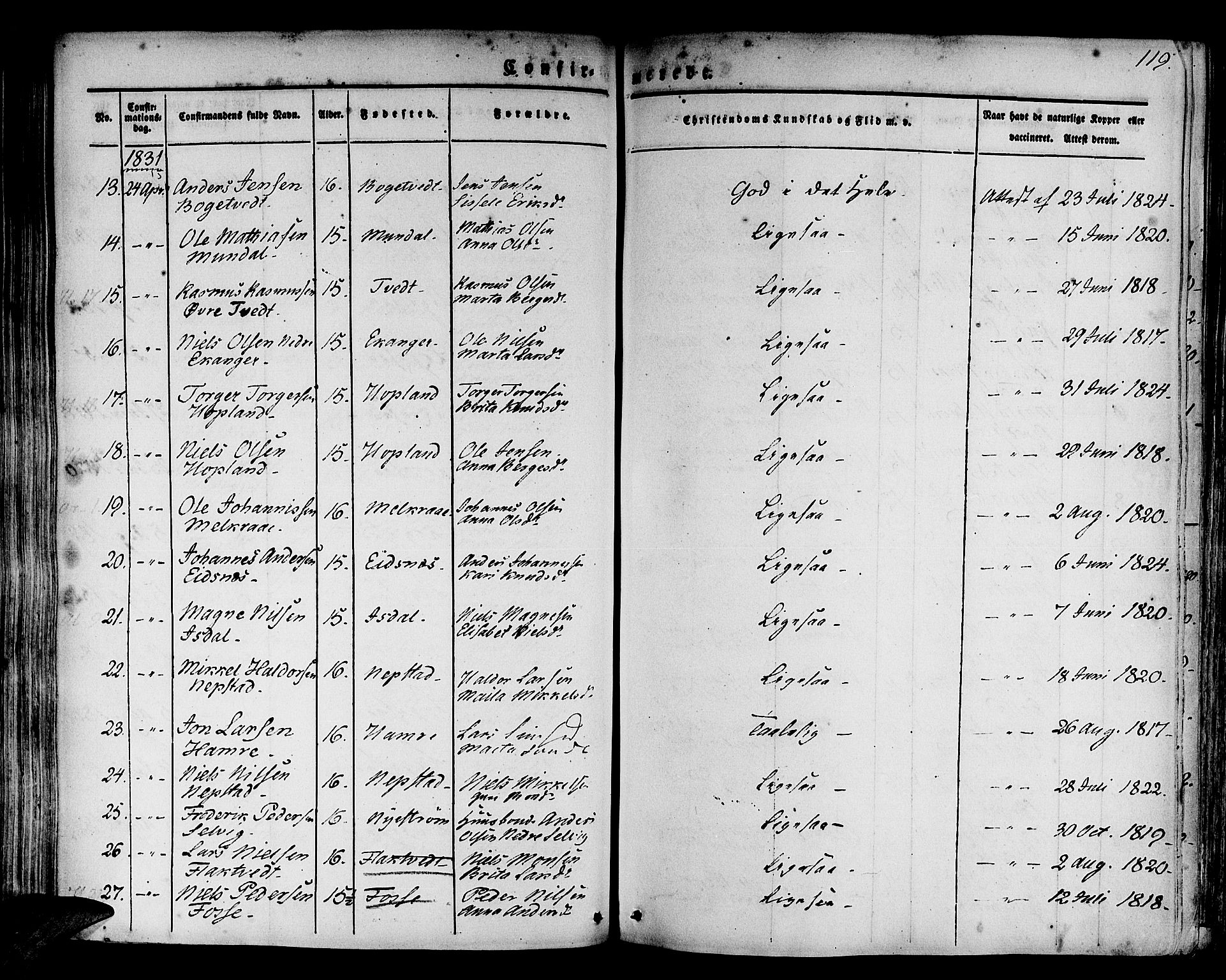 Hamre sokneprestembete, AV/SAB-A-75501/H/Ha/Haa/Haaa/L0011: Parish register (official) no. A 11, 1826-1834, p. 119