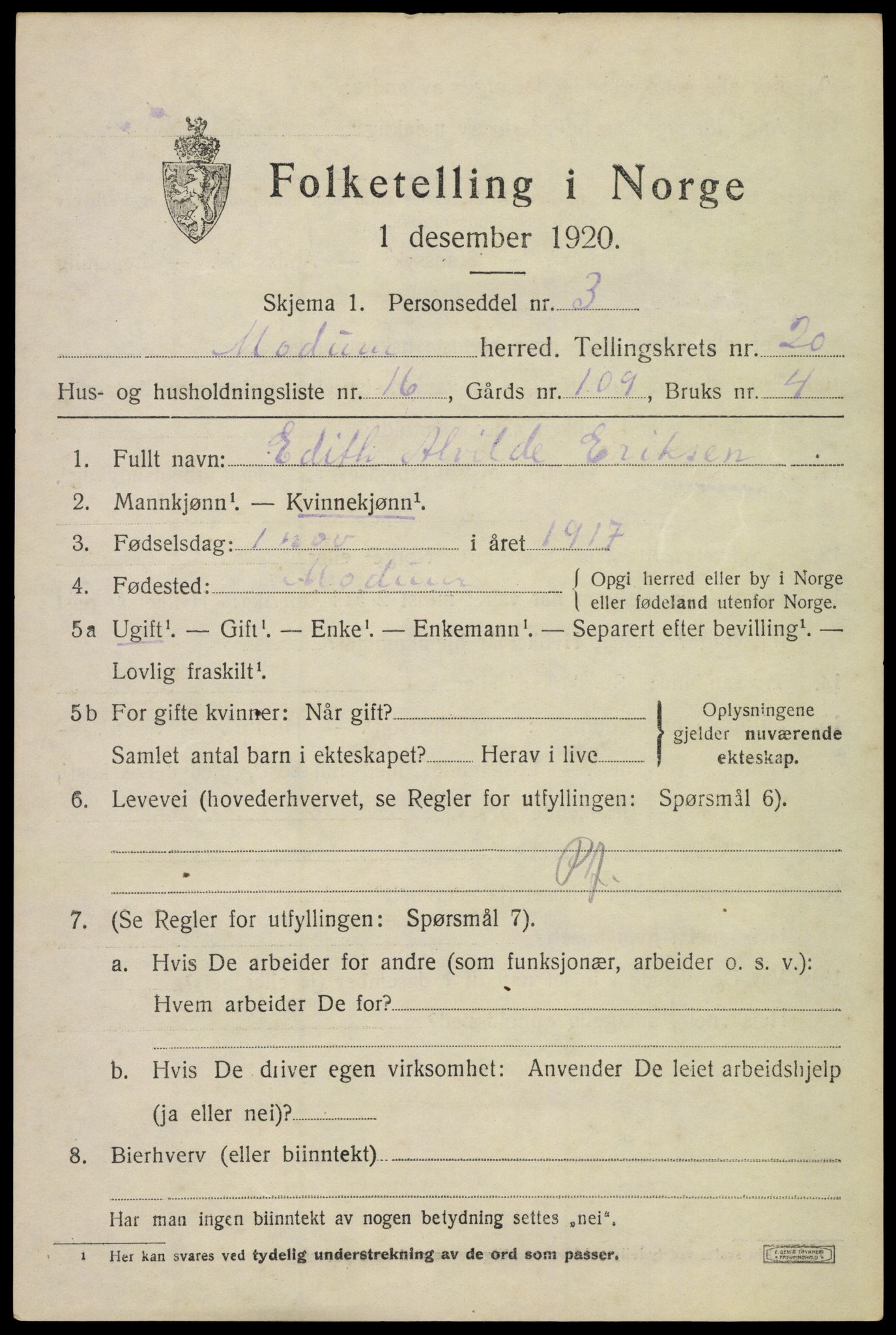 SAKO, 1920 census for Modum, 1920, p. 22243