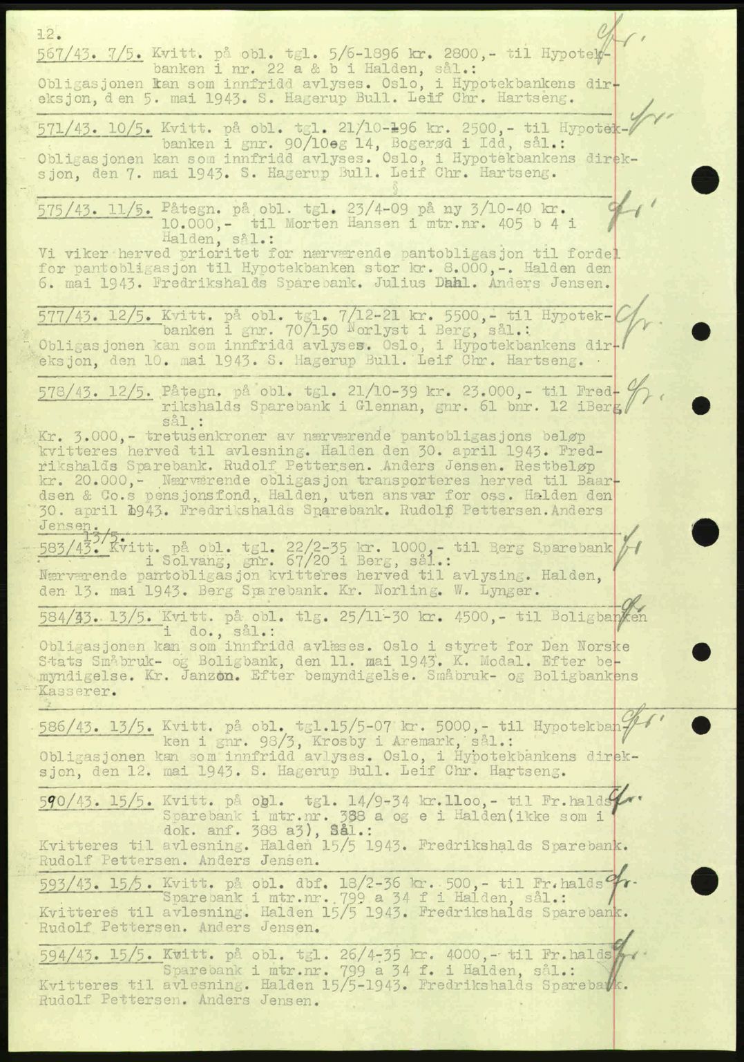 Idd og Marker sorenskriveri, AV/SAO-A-10283/G/Gb/Gbc/L0002: Mortgage book no. B4-9a, 1939-1945, Diary no: : 567/1943