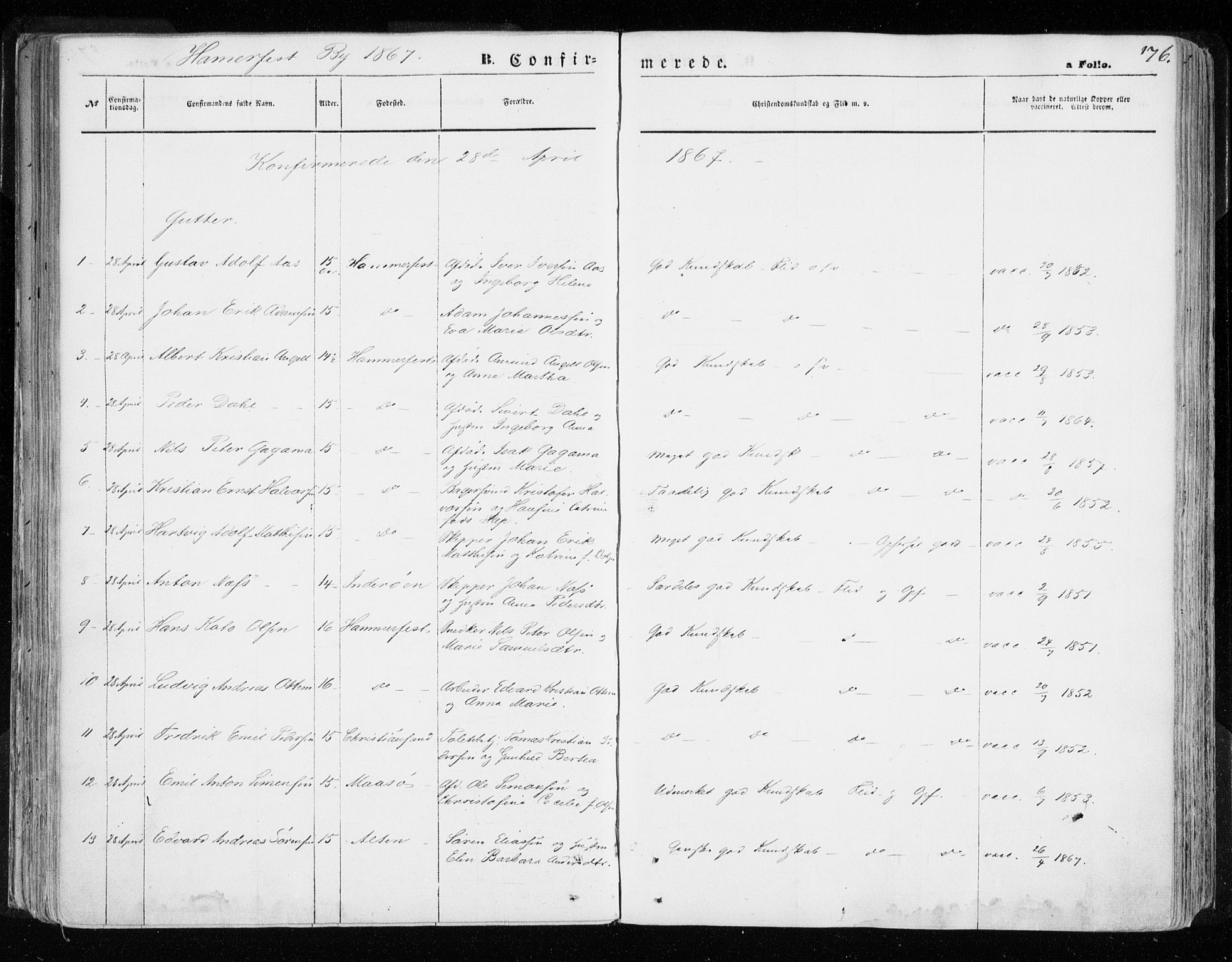 Hammerfest sokneprestkontor, AV/SATØ-S-1347/H/Ha/L0005.kirke: Parish register (official) no. 5, 1857-1869, p. 176
