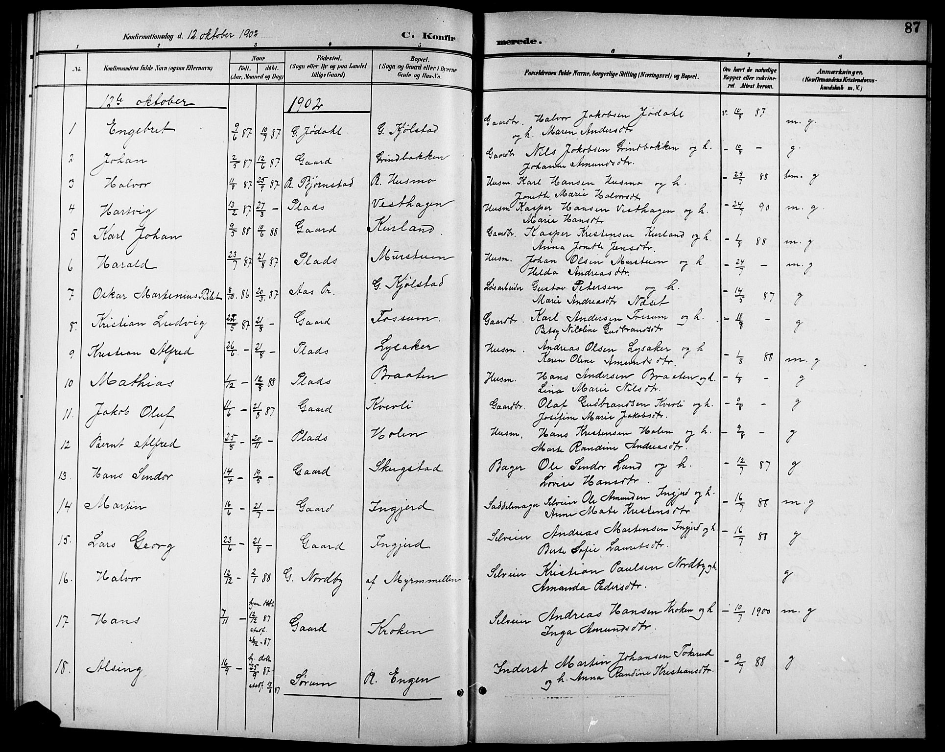 Aurskog prestekontor Kirkebøker, SAO/A-10304a/G/Gb/L0002: Parish register (copy) no. II 2, 1901-1926, p. 87