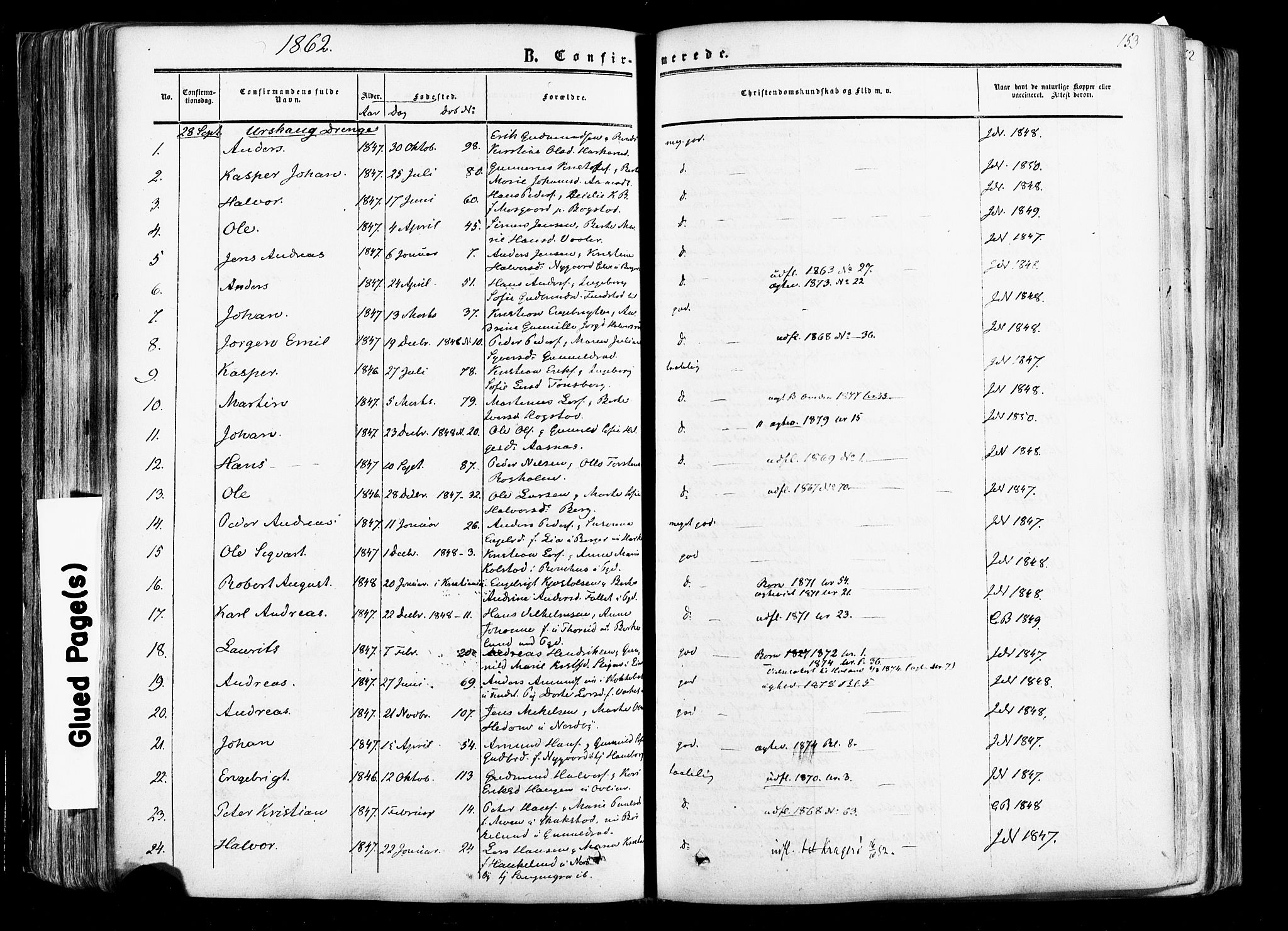 Aurskog prestekontor Kirkebøker, SAO/A-10304a/F/Fa/L0007: Parish register (official) no. I 7, 1854-1877, p. 153