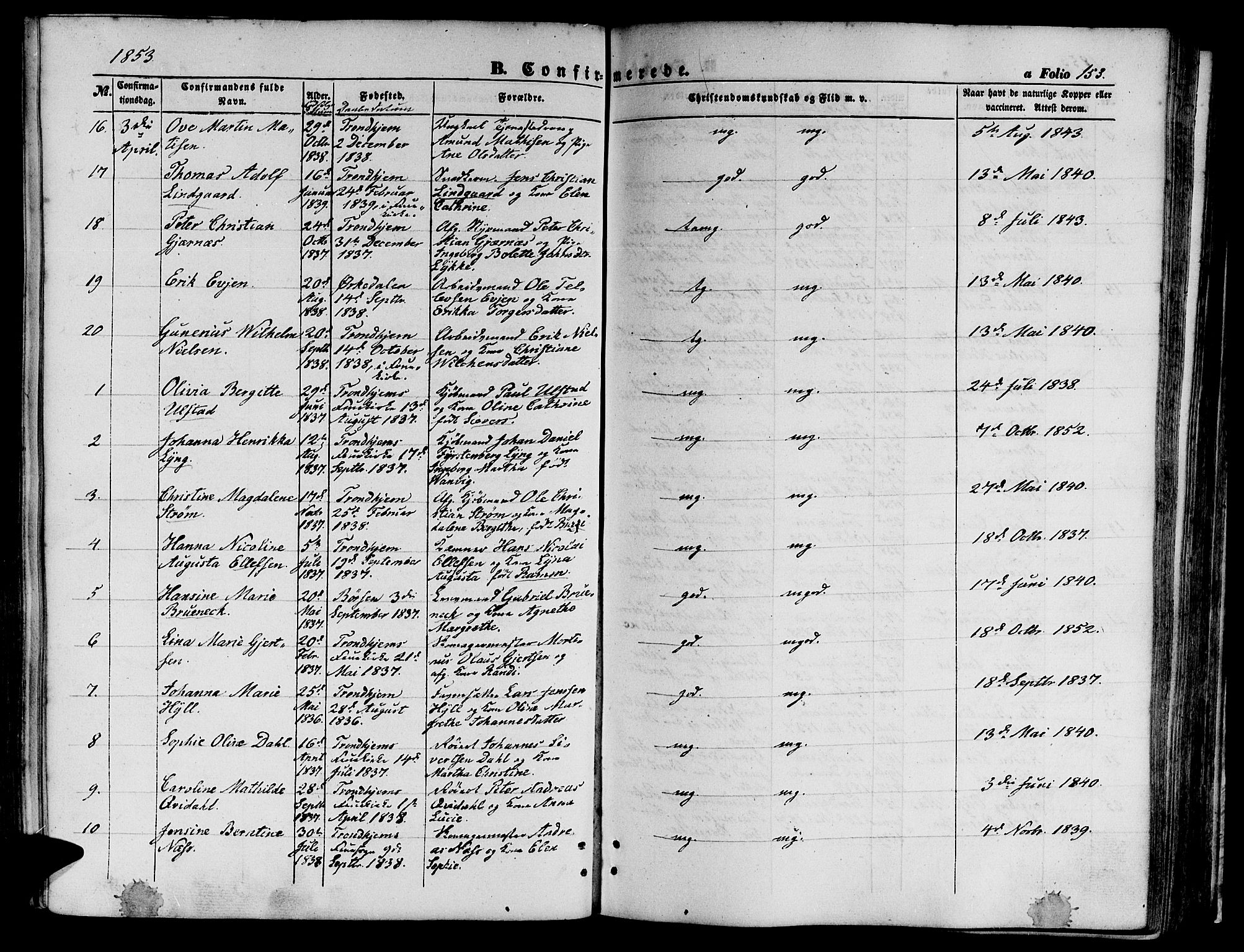 Ministerialprotokoller, klokkerbøker og fødselsregistre - Sør-Trøndelag, SAT/A-1456/602/L0138: Parish register (copy) no. 602C06, 1853-1858, p. 153