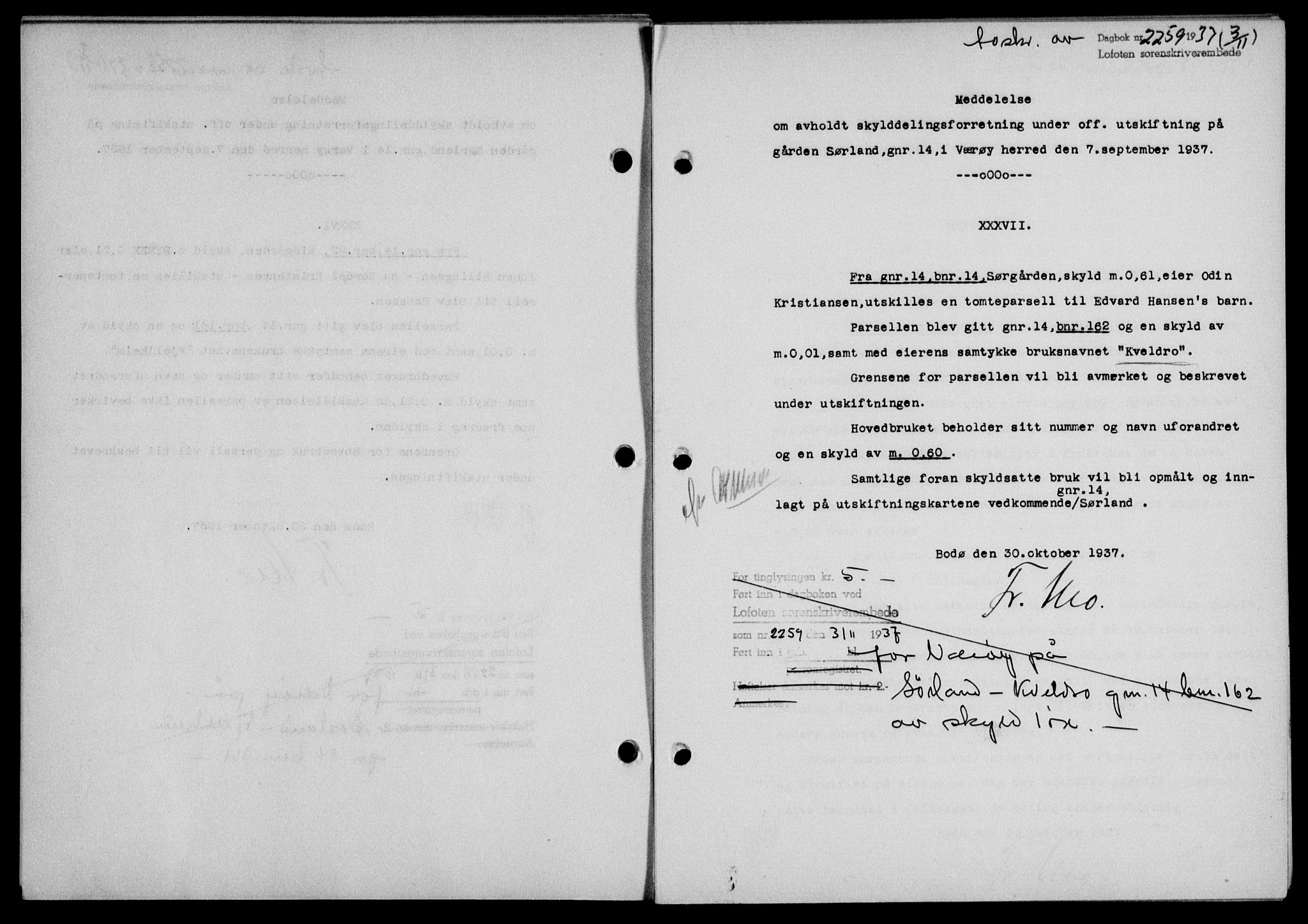 Lofoten sorenskriveri, SAT/A-0017/1/2/2C/L0003a: Mortgage book no. 3a, 1937-1938, Diary no: : 2259/1937