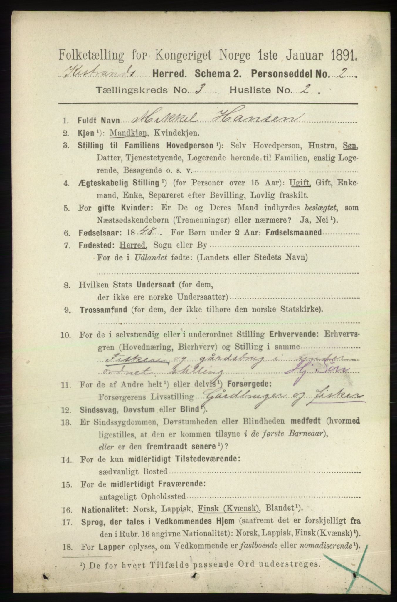 RA, 1891 census for 2020 Kistrand, 1891, p. 1274