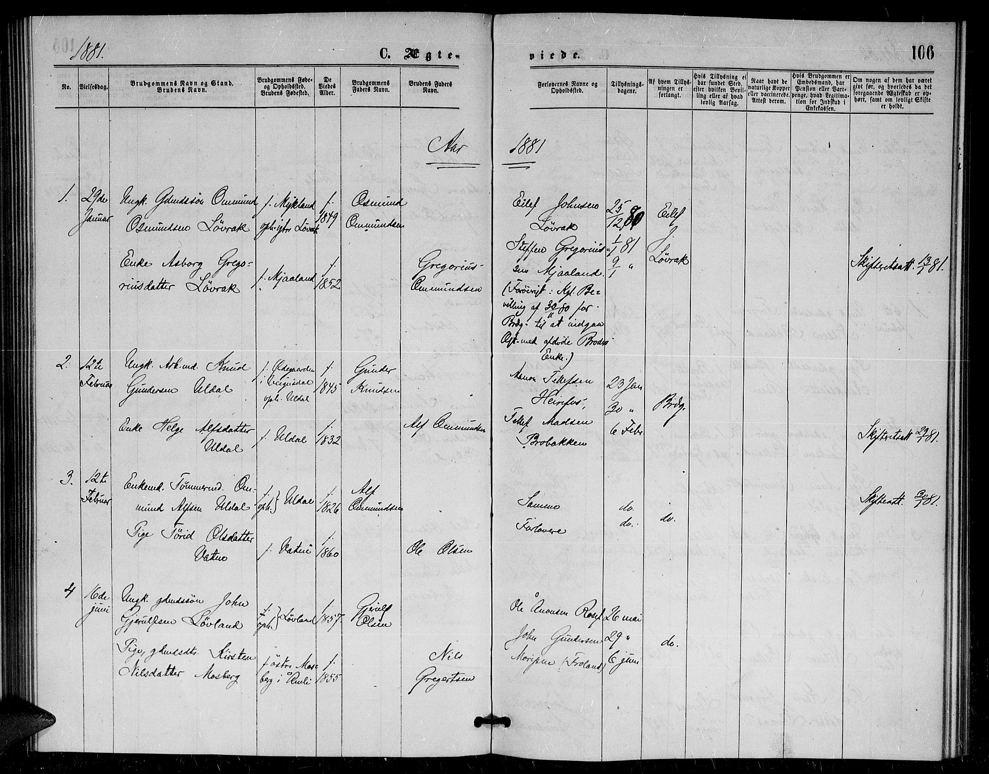 Herefoss sokneprestkontor, AV/SAK-1111-0019/F/Fa/Fac/L0001: Parish register (official) no. A 1, 1871-1886, p. 106