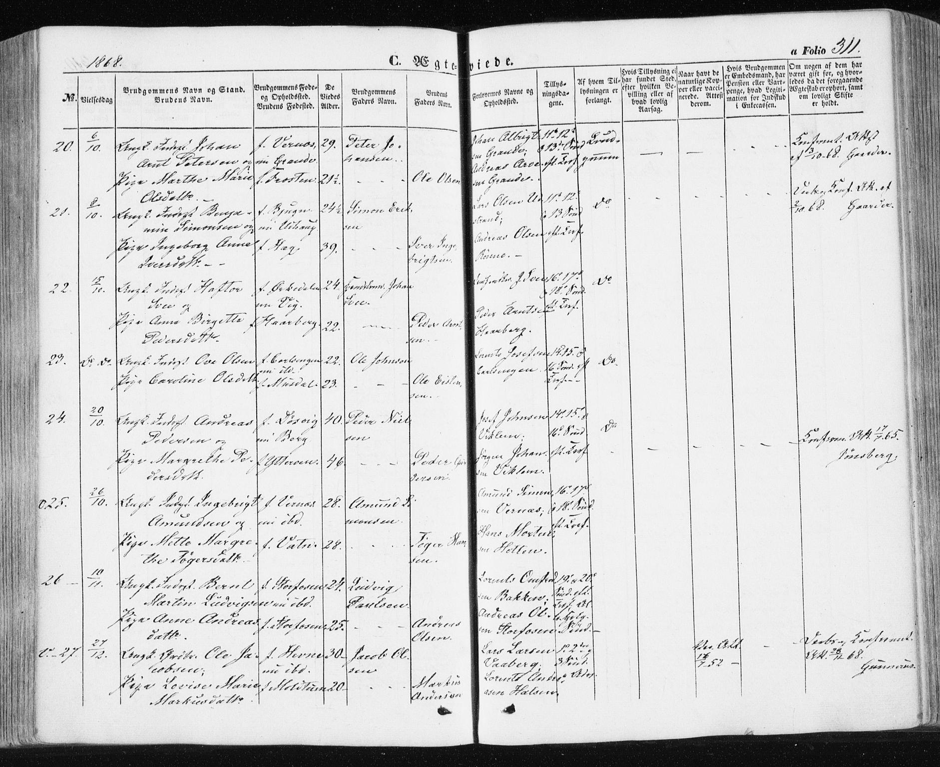 Ministerialprotokoller, klokkerbøker og fødselsregistre - Sør-Trøndelag, SAT/A-1456/659/L0737: Parish register (official) no. 659A07, 1857-1875, p. 311