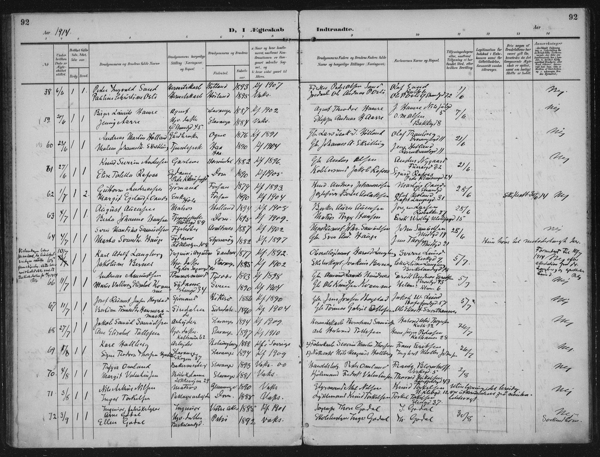 Domkirken sokneprestkontor, SAST/A-101812/002/A/L0016: Parish register (official) no. A 33, 1905-1922, p. 92