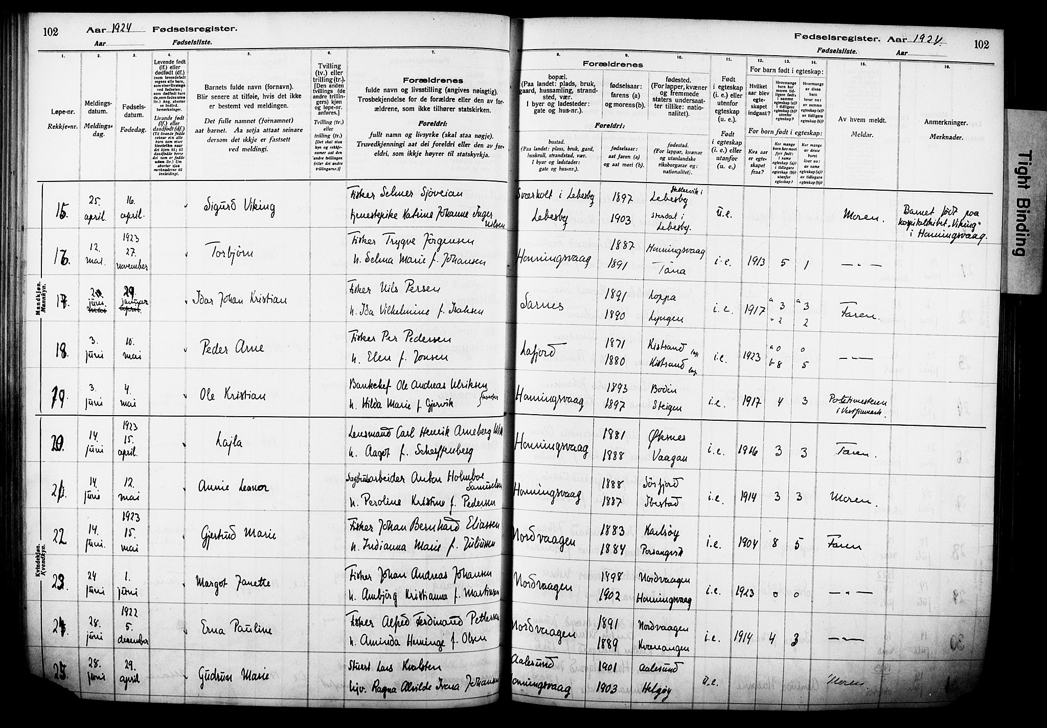 Kjelvik/Nordkapp sokneprestkontor, AV/SATØ-S-1350/I/Ia/L0015: Birth register no. 15, 1916-1930, p. 102