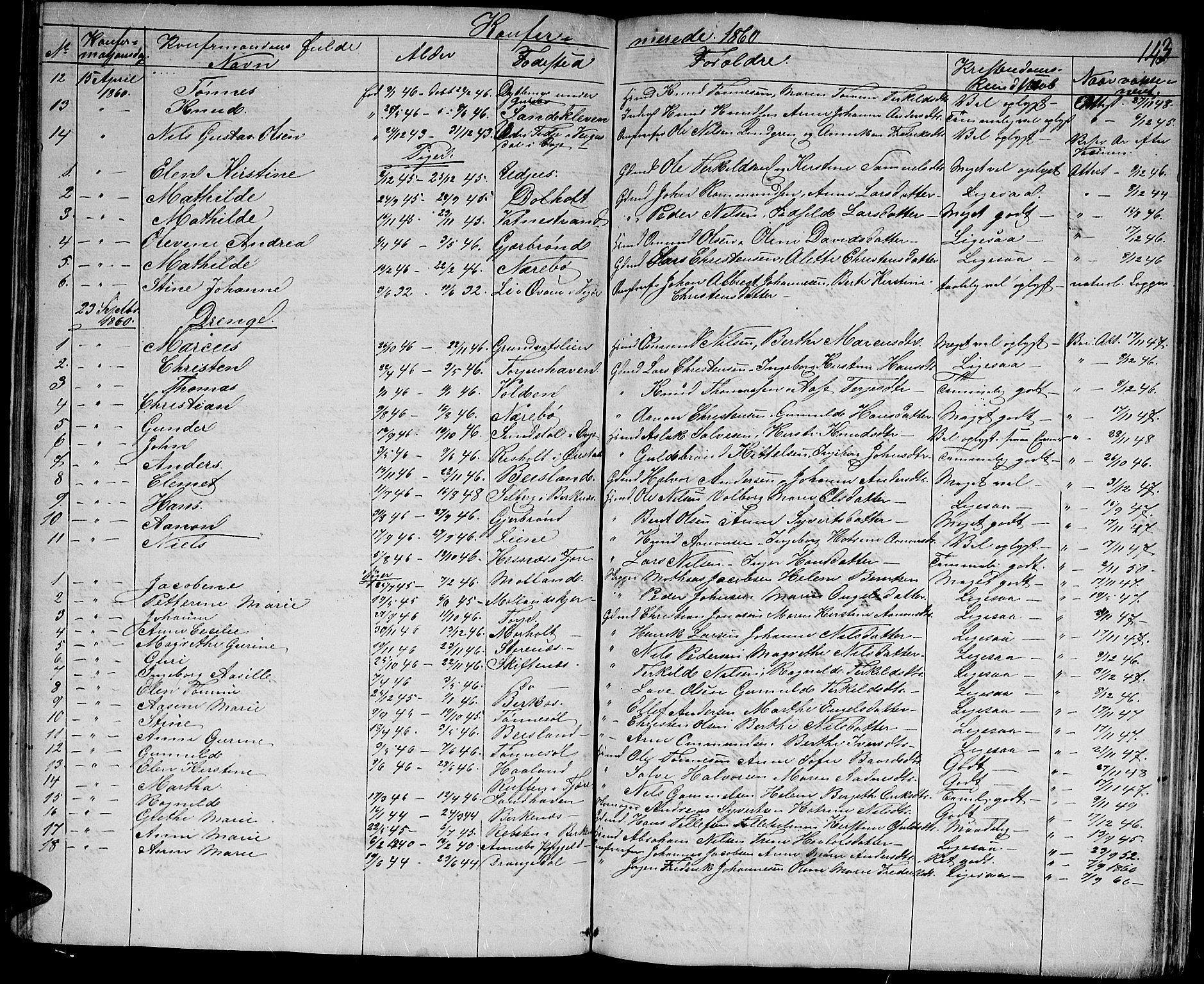 Hommedal sokneprestkontor, AV/SAK-1111-0023/F/Fb/Fbb/L0005: Parish register (copy) no. B 5, 1850-1869, p. 143