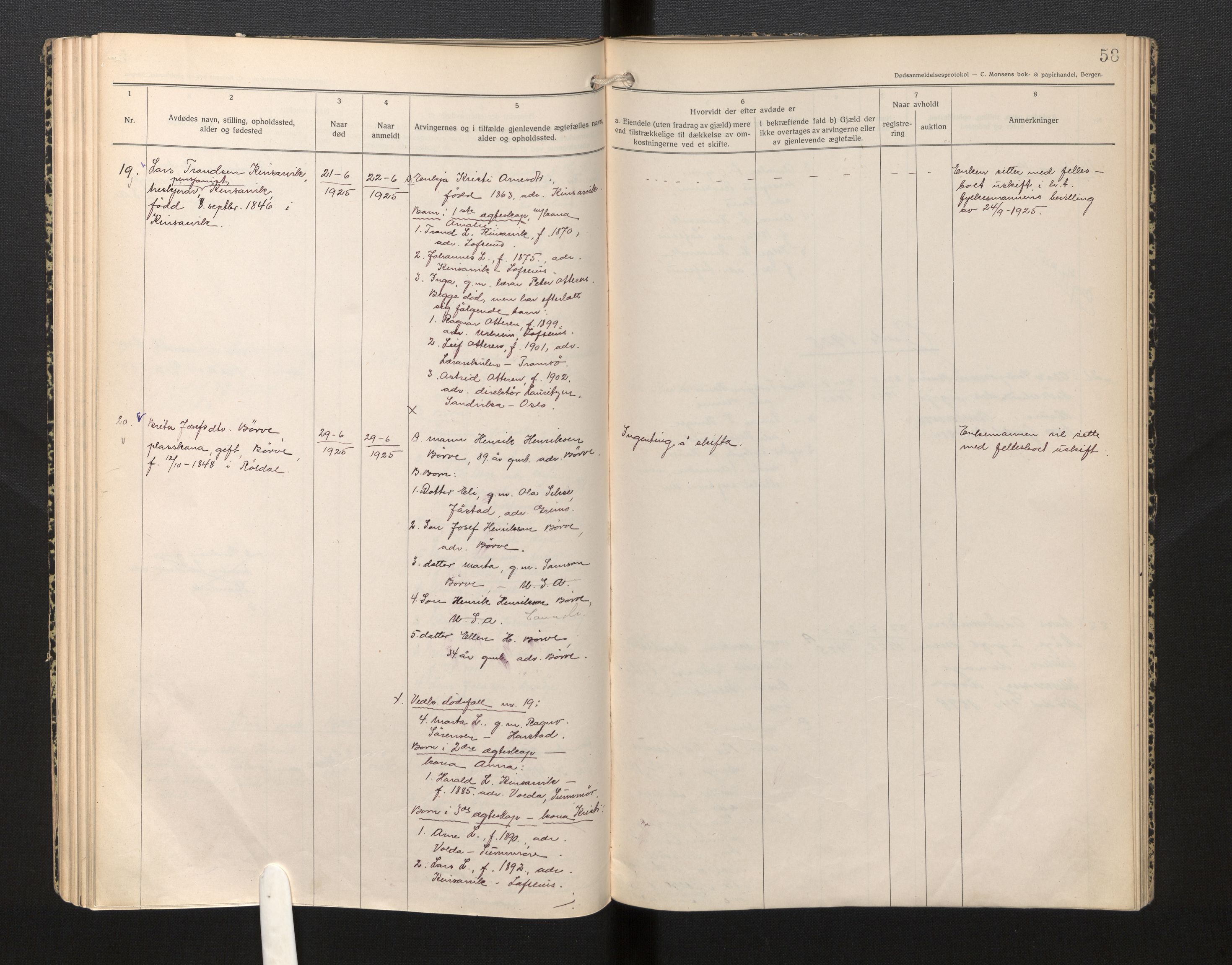 Lensmannen i Ullensvang, AV/SAB-A-35501/0006/L0007: Dødsfallprotokoll, 1920-1928, p. 58