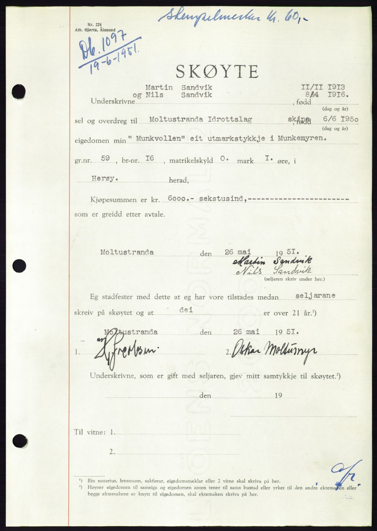 Søre Sunnmøre sorenskriveri, AV/SAT-A-4122/1/2/2C/L0089: Mortgage book no. 15A, 1951-1951, Diary no: : 1097/1951