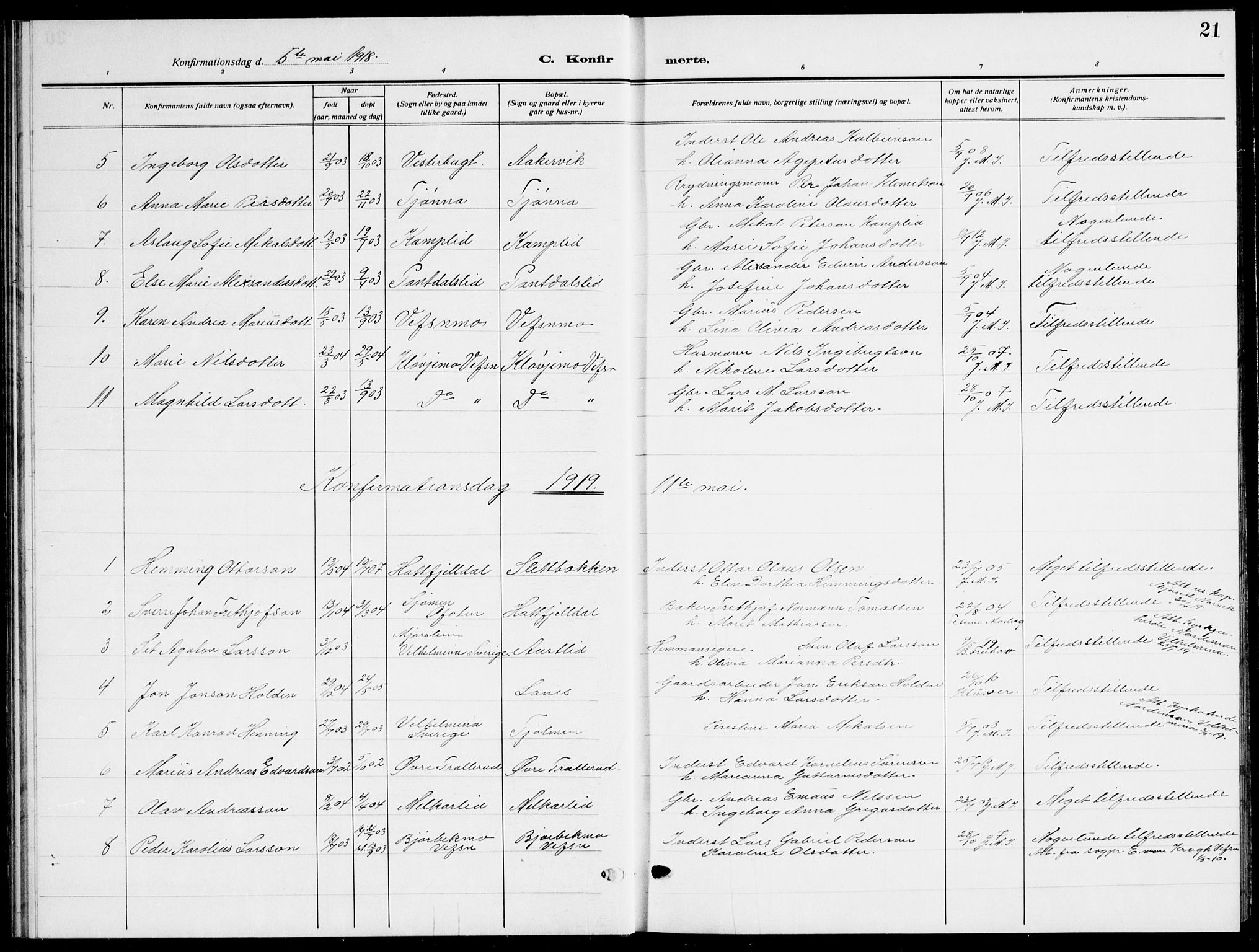 Ministerialprotokoller, klokkerbøker og fødselsregistre - Nordland, AV/SAT-A-1459/823/L0332: Parish register (copy) no. 823C04, 1907-1944, p. 21