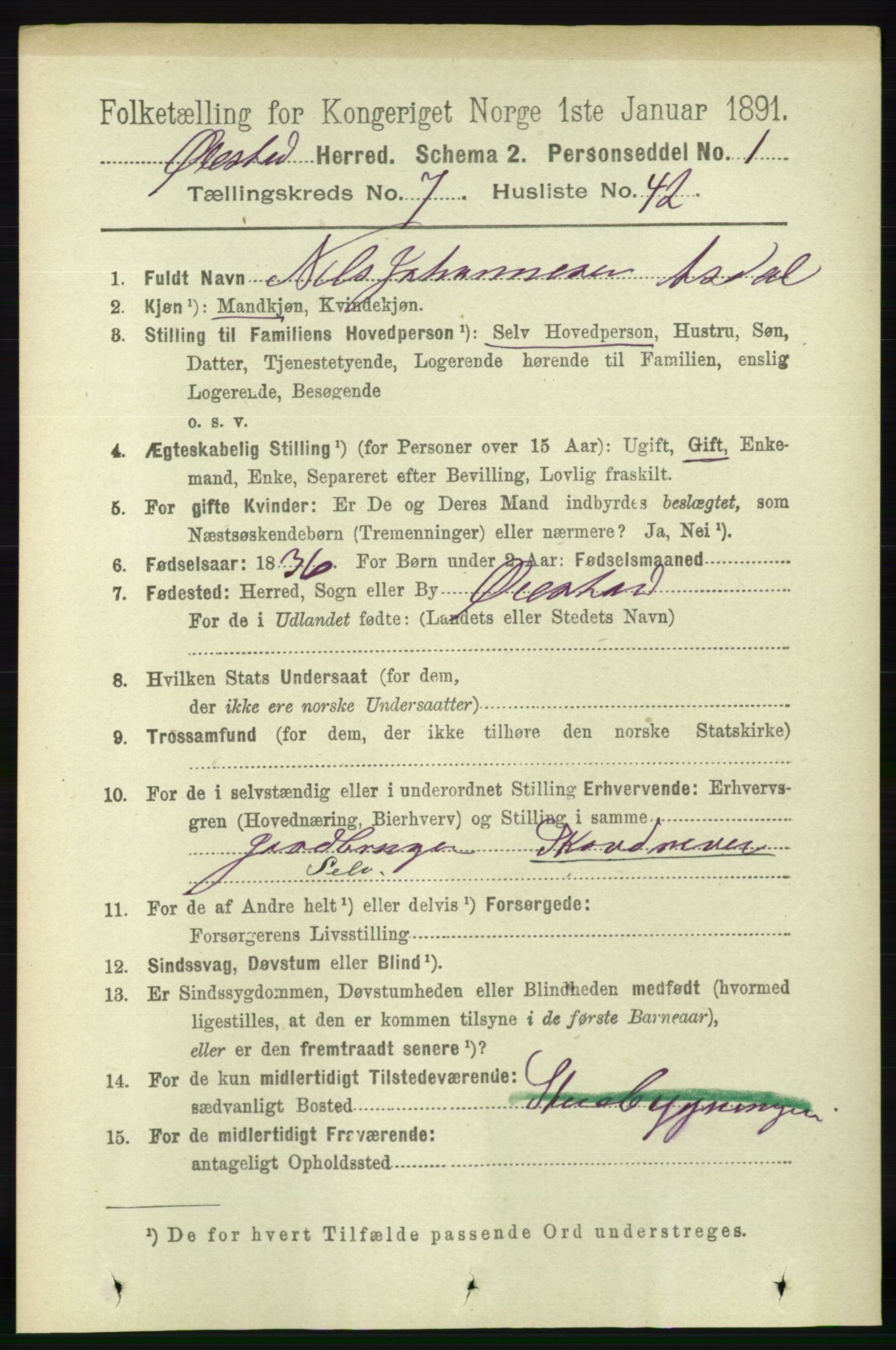 RA, 1891 census for 0920 Øyestad, 1891, p. 2894