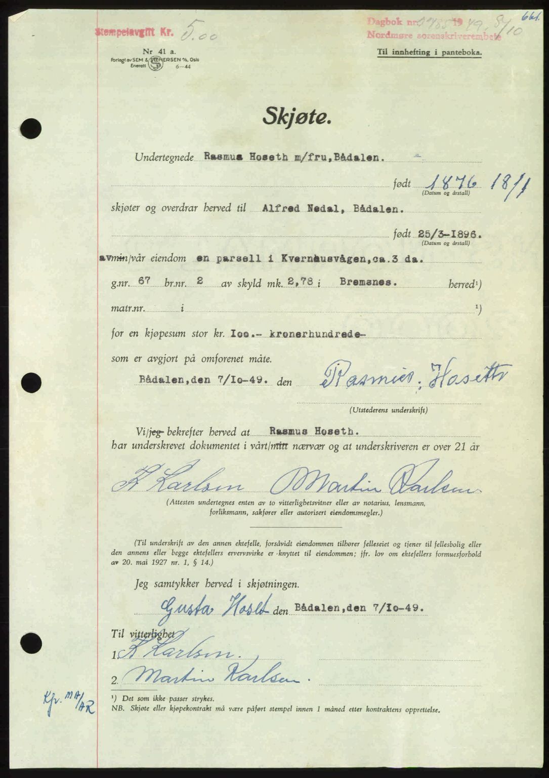 Nordmøre sorenskriveri, AV/SAT-A-4132/1/2/2Ca: Mortgage book no. A112, 1949-1949, Diary no: : 2785/1949