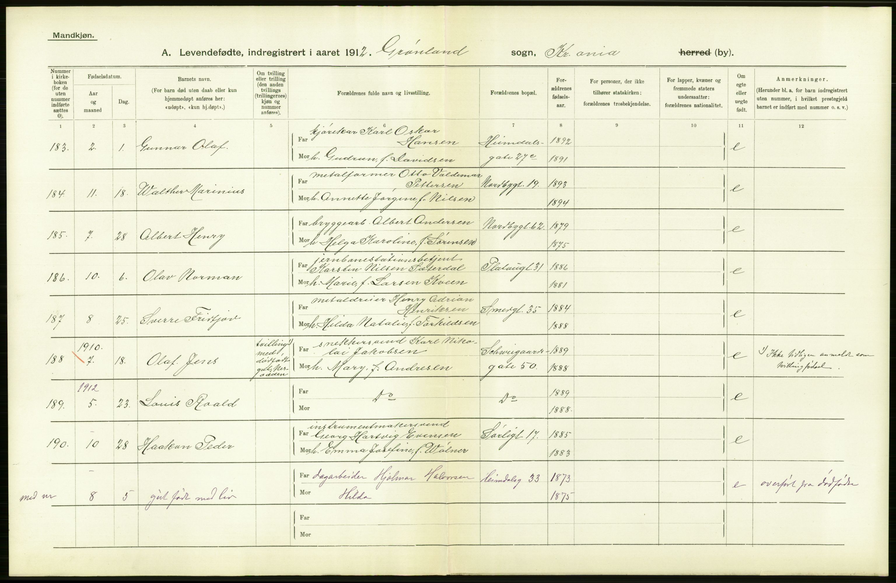 Statistisk sentralbyrå, Sosiodemografiske emner, Befolkning, RA/S-2228/D/Df/Dfb/Dfbb/L0006: Kristiania:  Levendefødte menn og kvinner., 1912, p. 402