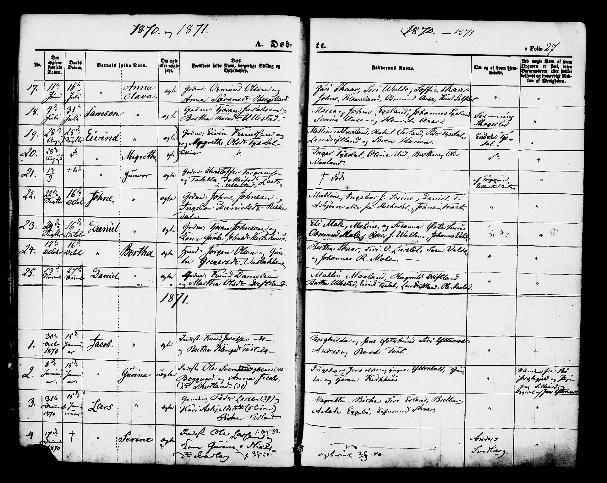 Hjelmeland sokneprestkontor, AV/SAST-A-101843/01/IV/L0012: Parish register (official) no. A 12, 1862-1886, p. 27