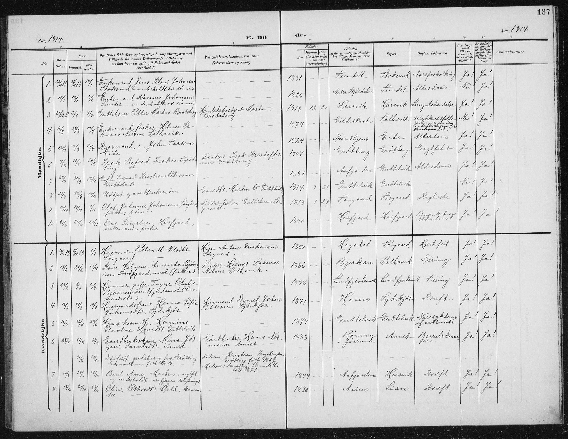 Ministerialprotokoller, klokkerbøker og fødselsregistre - Sør-Trøndelag, SAT/A-1456/656/L0699: Parish register (copy) no. 656C05, 1905-1920, p. 137