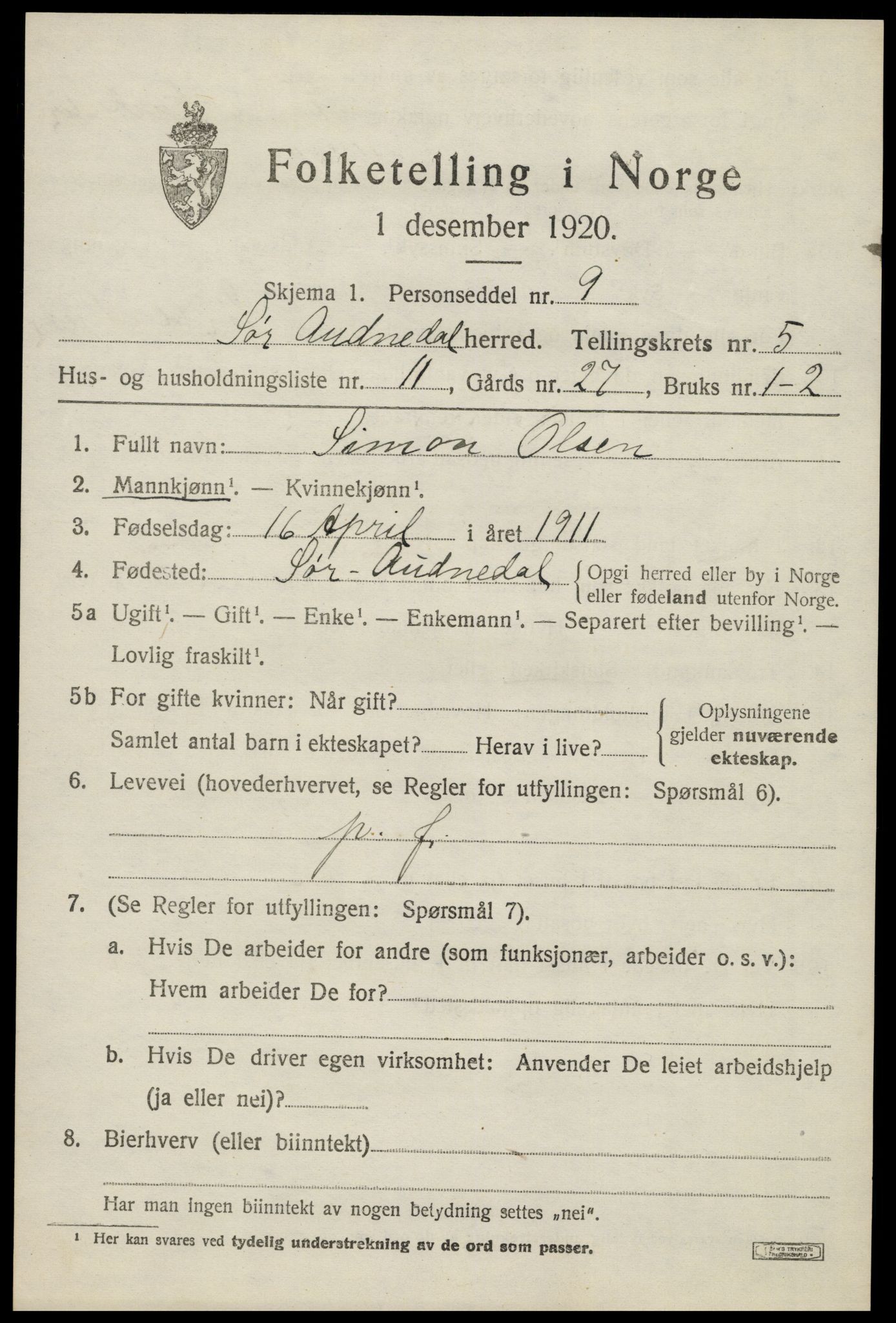 SAK, 1920 census for Sør-Audnedal, 1920, p. 2613
