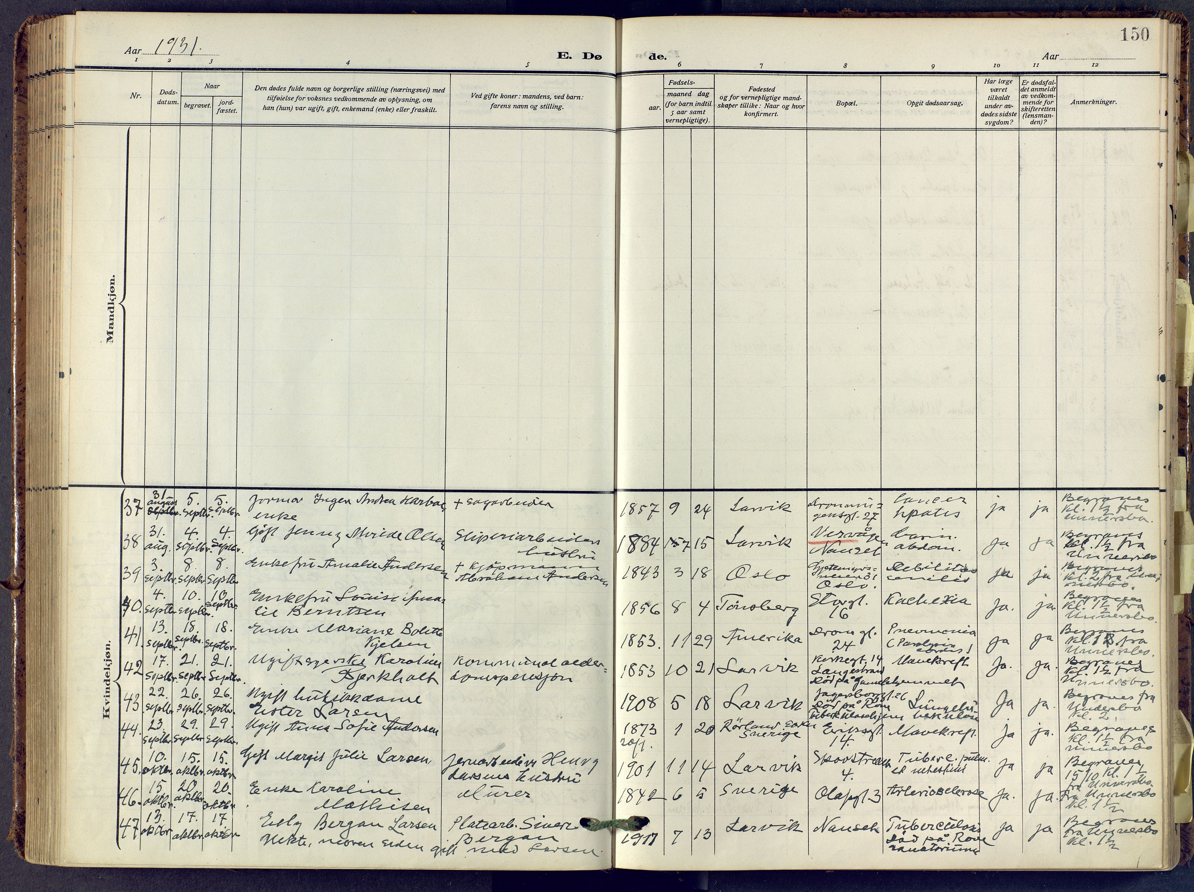 Larvik kirkebøker, AV/SAKO-A-352/F/Fa/L0013: Parish register (official) no. I 13, 1910-1960, p. 150