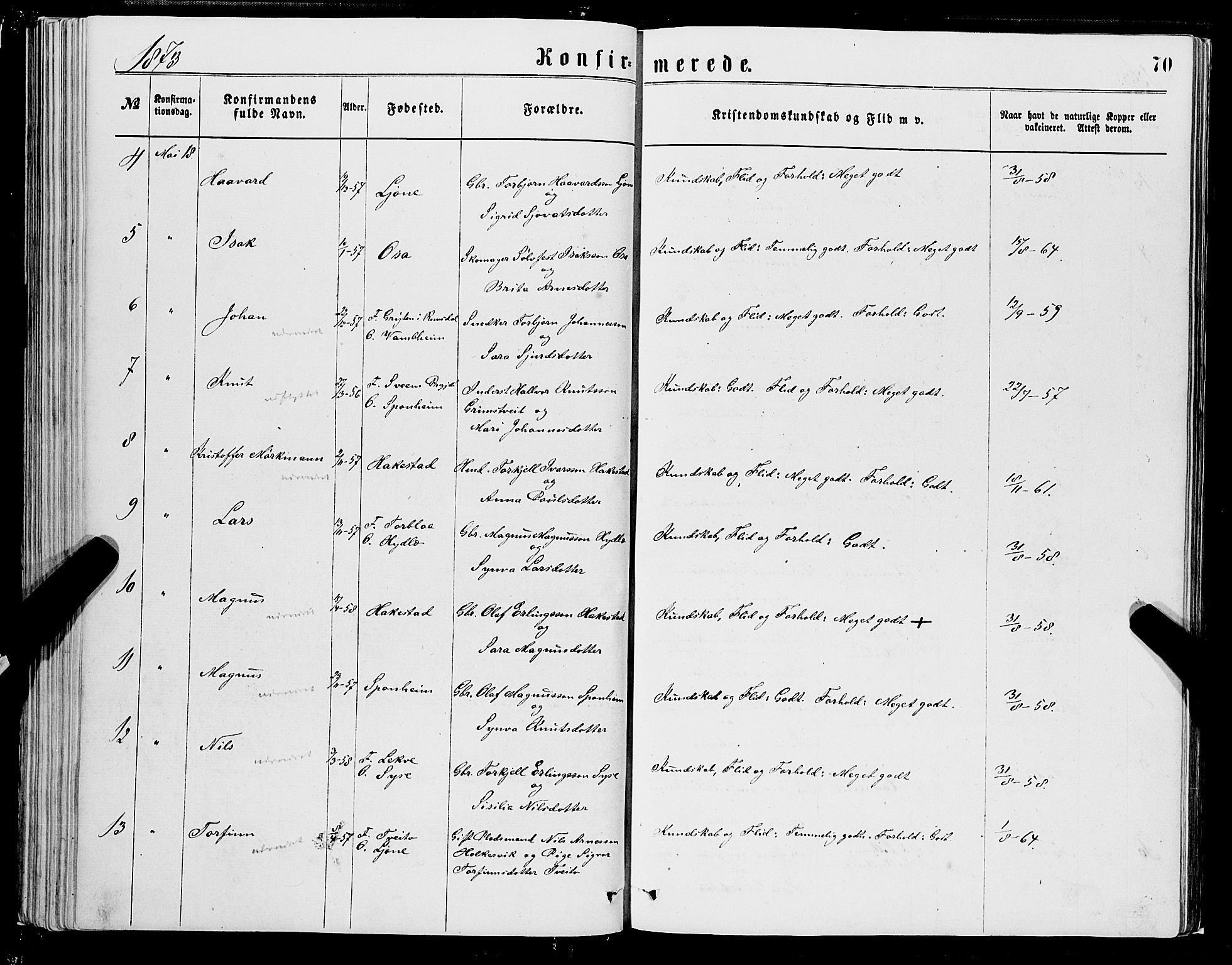 Ulvik sokneprestembete, SAB/A-78801/H/Hab: Parish register (copy) no. A 2, 1869-1882, p. 70