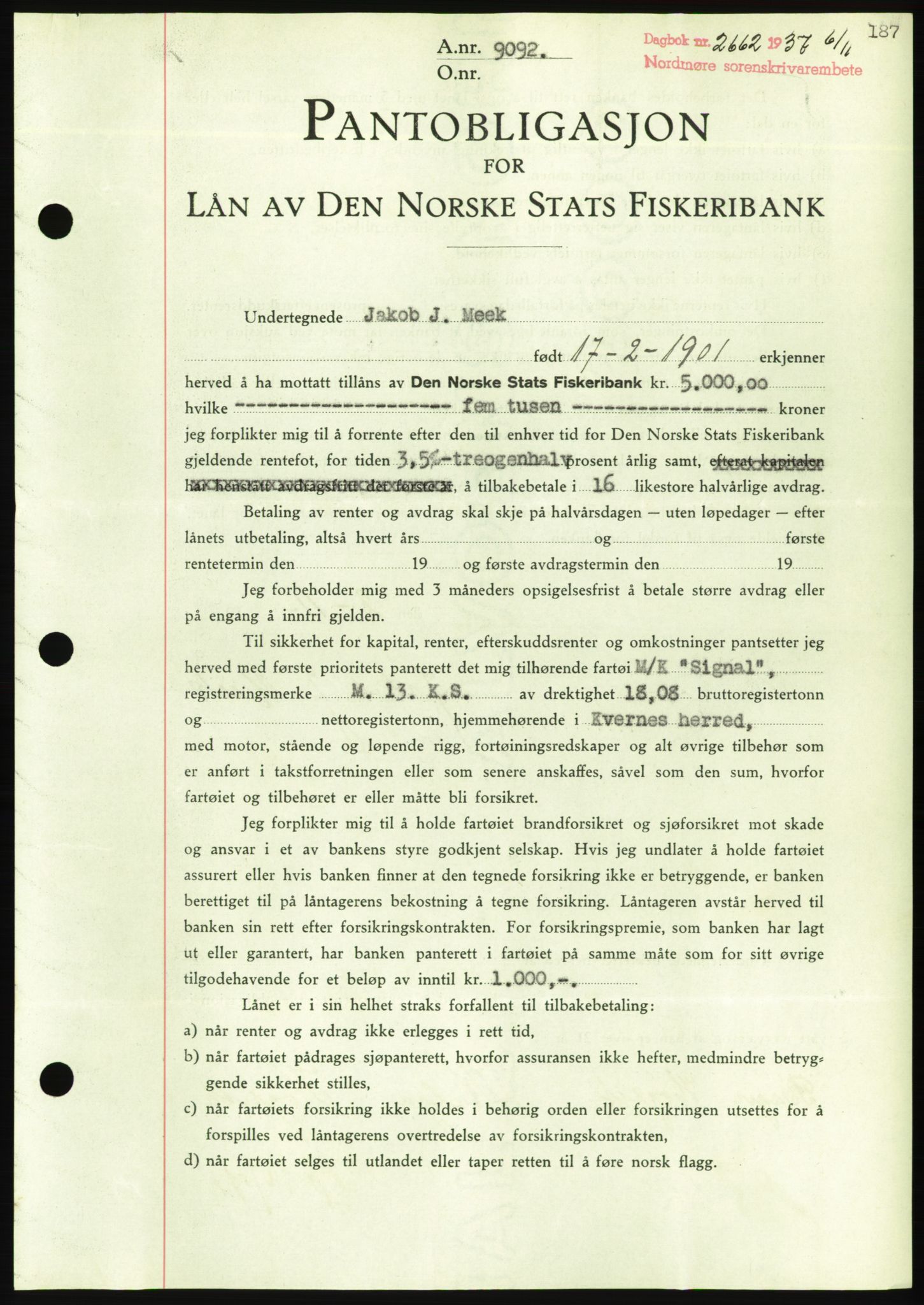 Nordmøre sorenskriveri, AV/SAT-A-4132/1/2/2Ca/L0092: Mortgage book no. B82, 1937-1938, Diary no: : 2662/1937