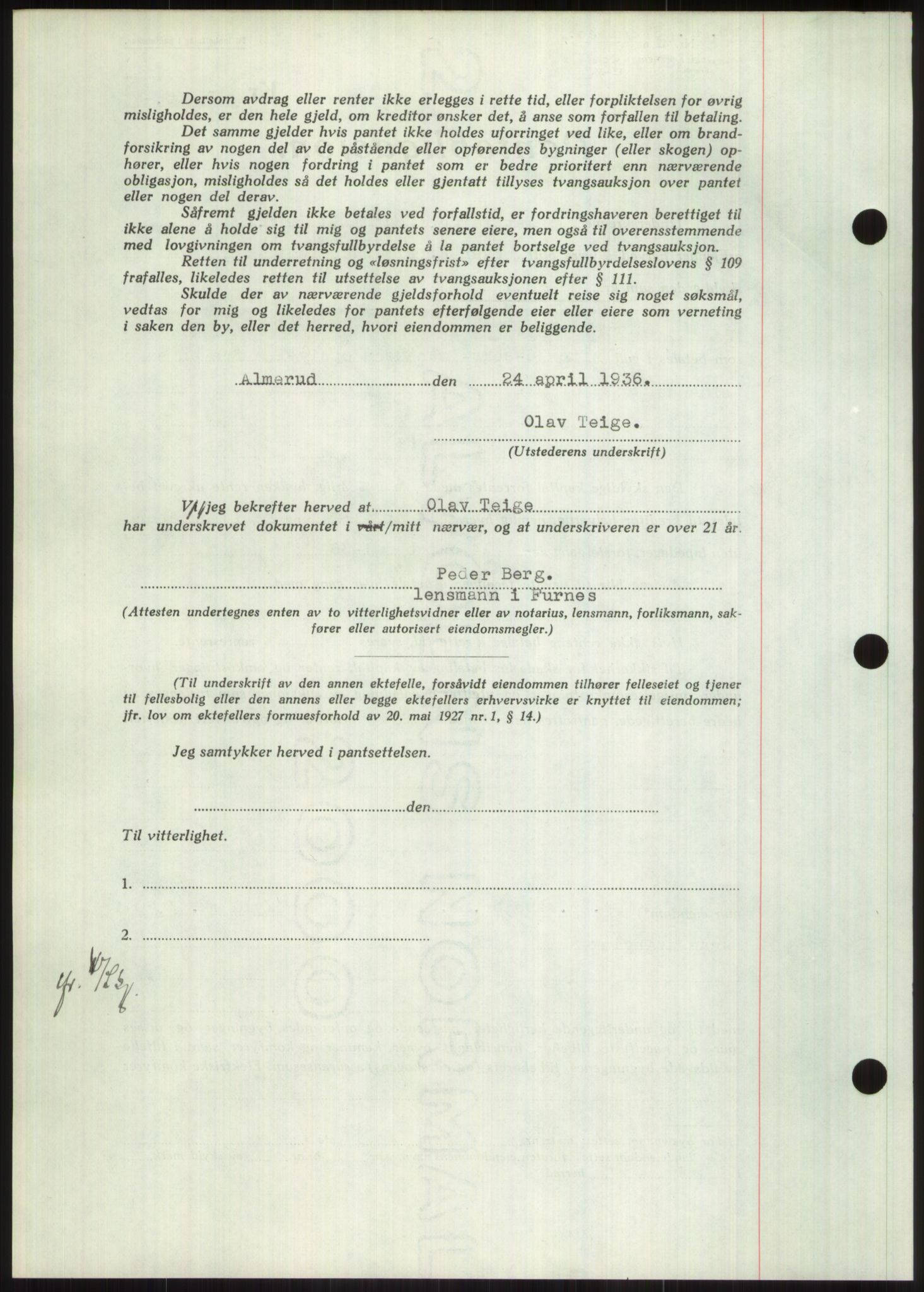 Nord-Hedmark sorenskriveri, SAH/TING-012/H/Hb/Hbf/L0001: Mortgage book no. B1, 1936-1936, Diary no: : 852/1936