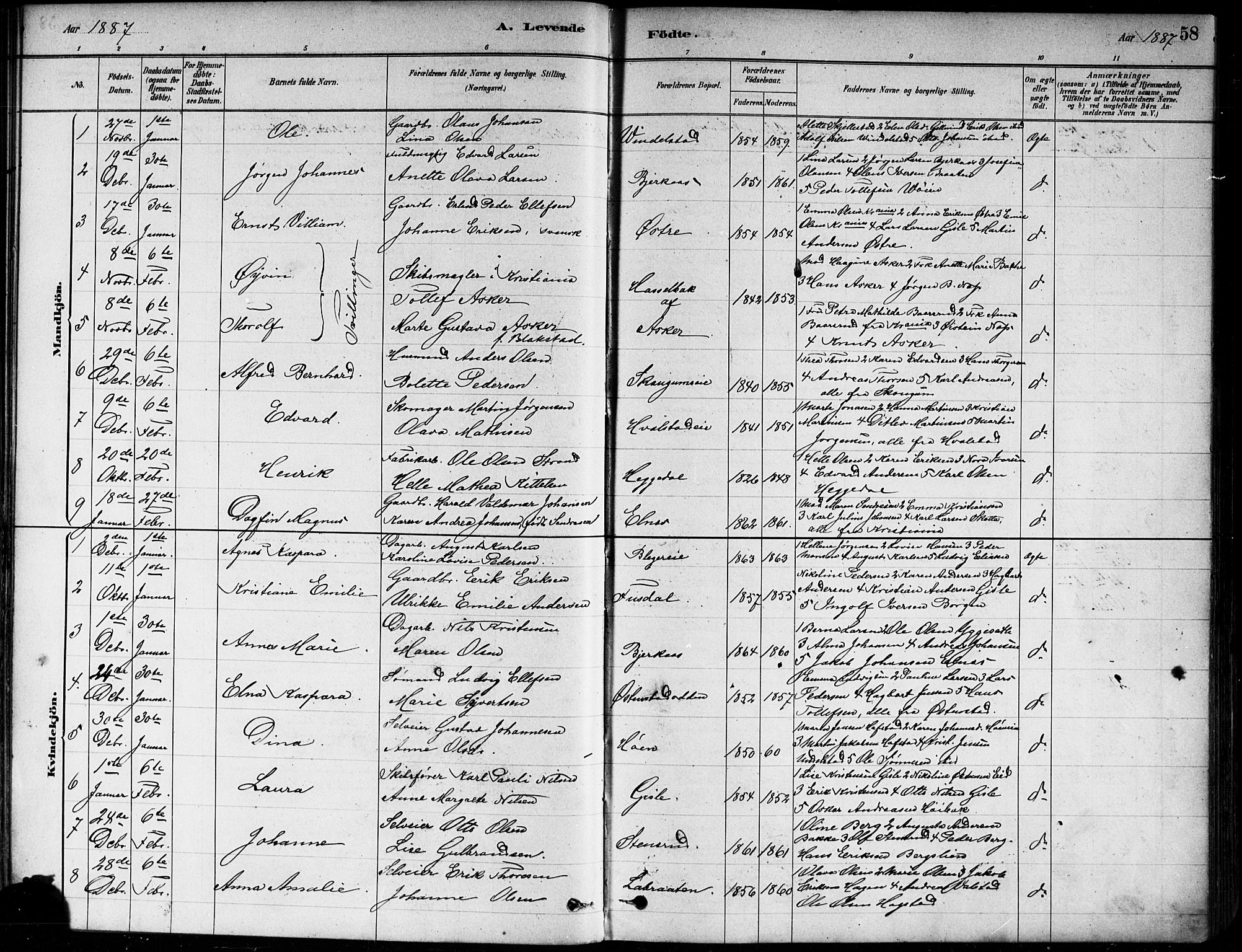 Asker prestekontor Kirkebøker, SAO/A-10256a/F/Fa/L0013: Parish register (official) no. I 13, 1879-1896, p. 58