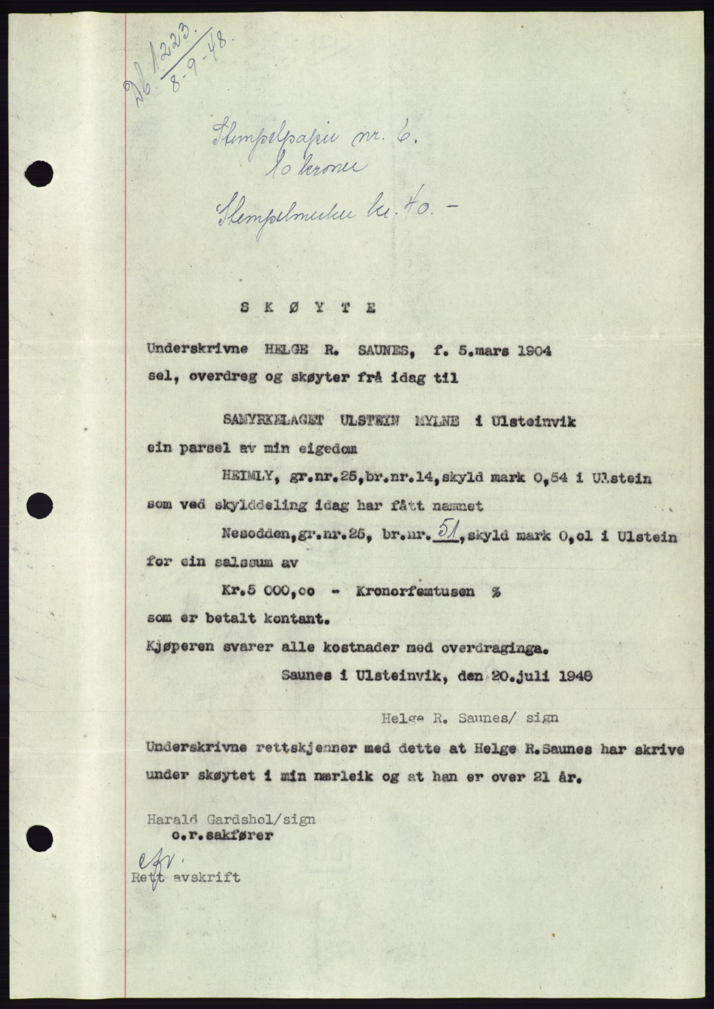 Søre Sunnmøre sorenskriveri, AV/SAT-A-4122/1/2/2C/L0082: Mortgage book no. 8A, 1948-1948, Diary no: : 1223/1948