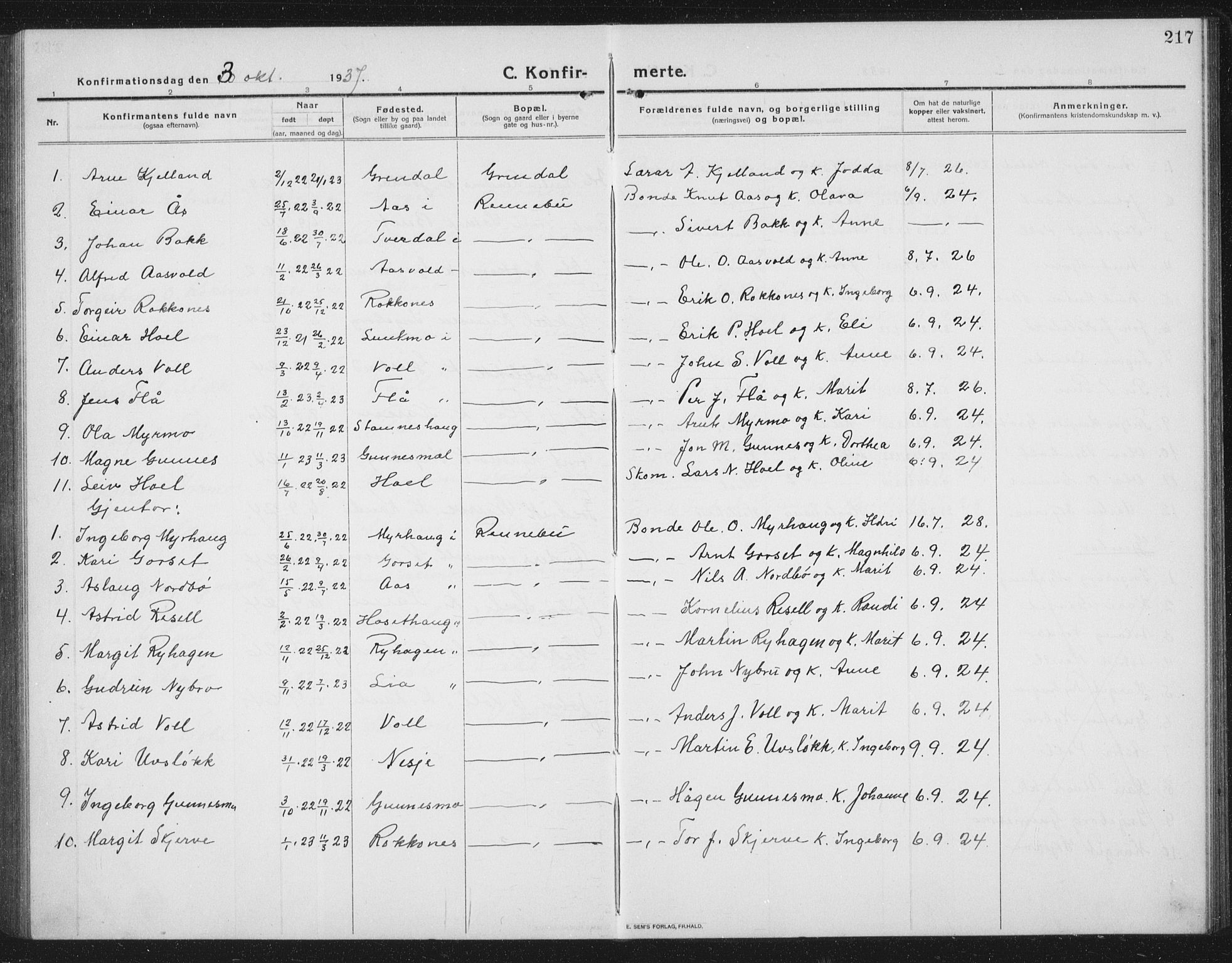 Ministerialprotokoller, klokkerbøker og fødselsregistre - Sør-Trøndelag, SAT/A-1456/674/L0877: Parish register (copy) no. 674C04, 1913-1940, p. 217