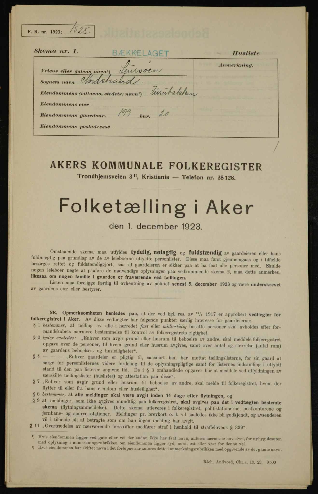 , Municipal Census 1923 for Aker, 1923, p. 45322