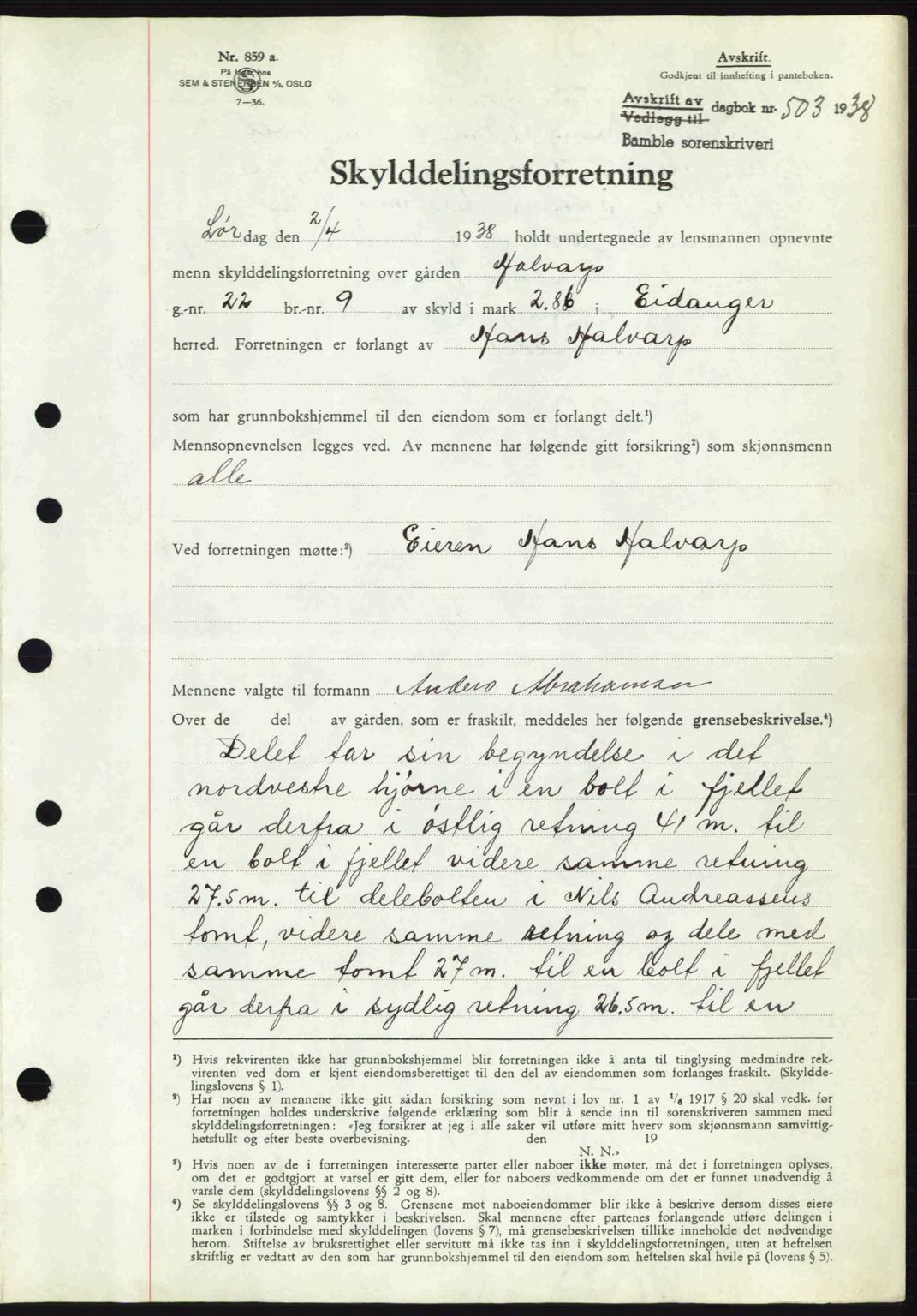 Bamble sorenskriveri, AV/SAKO-A-214/G/Ga/Gag/L0002: Mortgage book no. A-2, 1937-1938, Diary no: : 503/1938