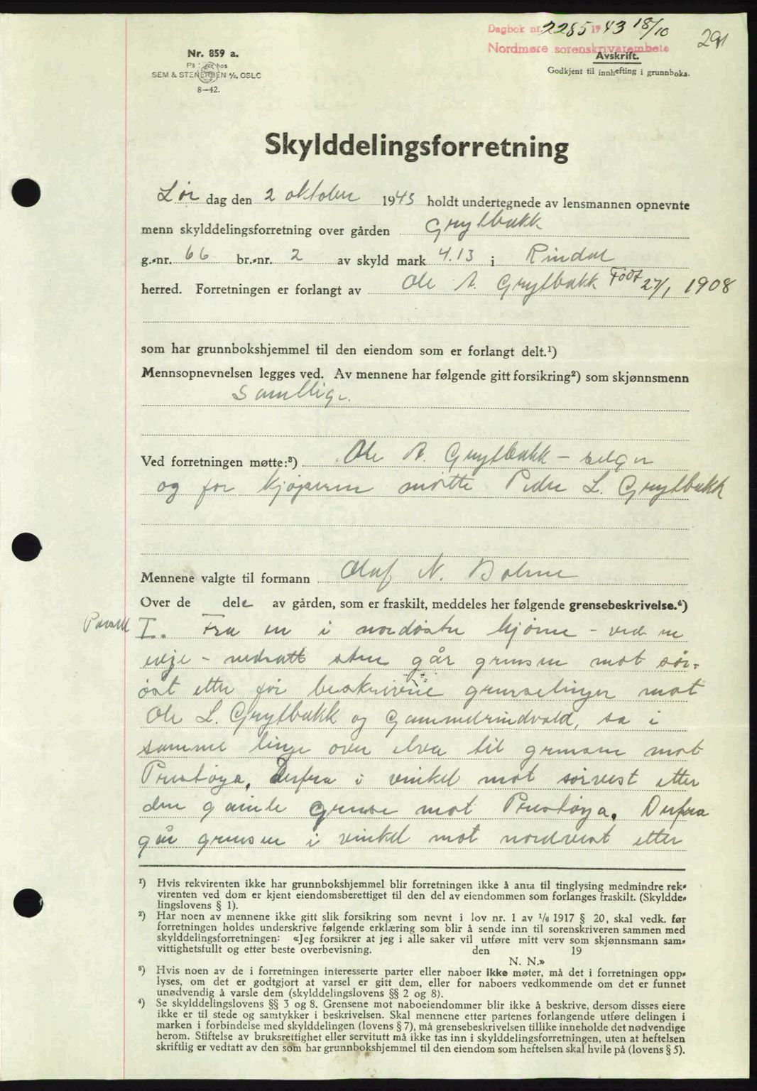 Nordmøre sorenskriveri, SAT/A-4132/1/2/2Ca: Mortgage book no. A96, 1943-1944, Diary no: : 2285/1943