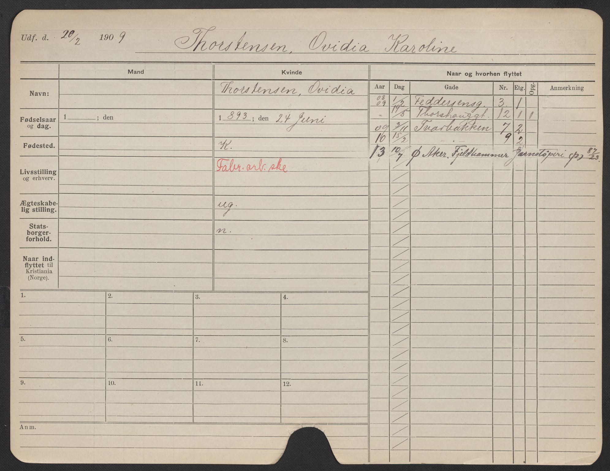 Oslo folkeregister, Registerkort, AV/SAO-A-11715/F/Fa/Fac/L0025: Kvinner, 1906-1914, p. 231a