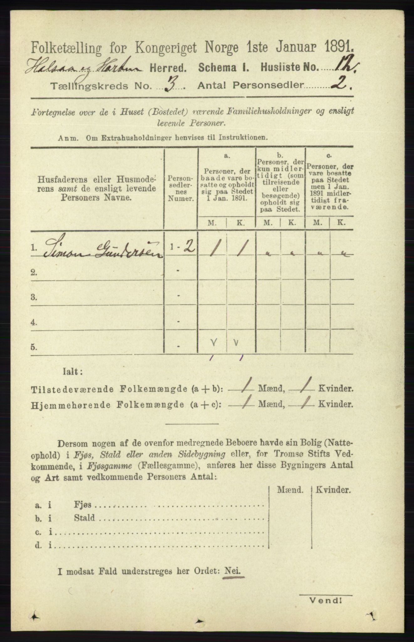 RA, 1891 census for 1019 Halse og Harkmark, 1891, p. 947