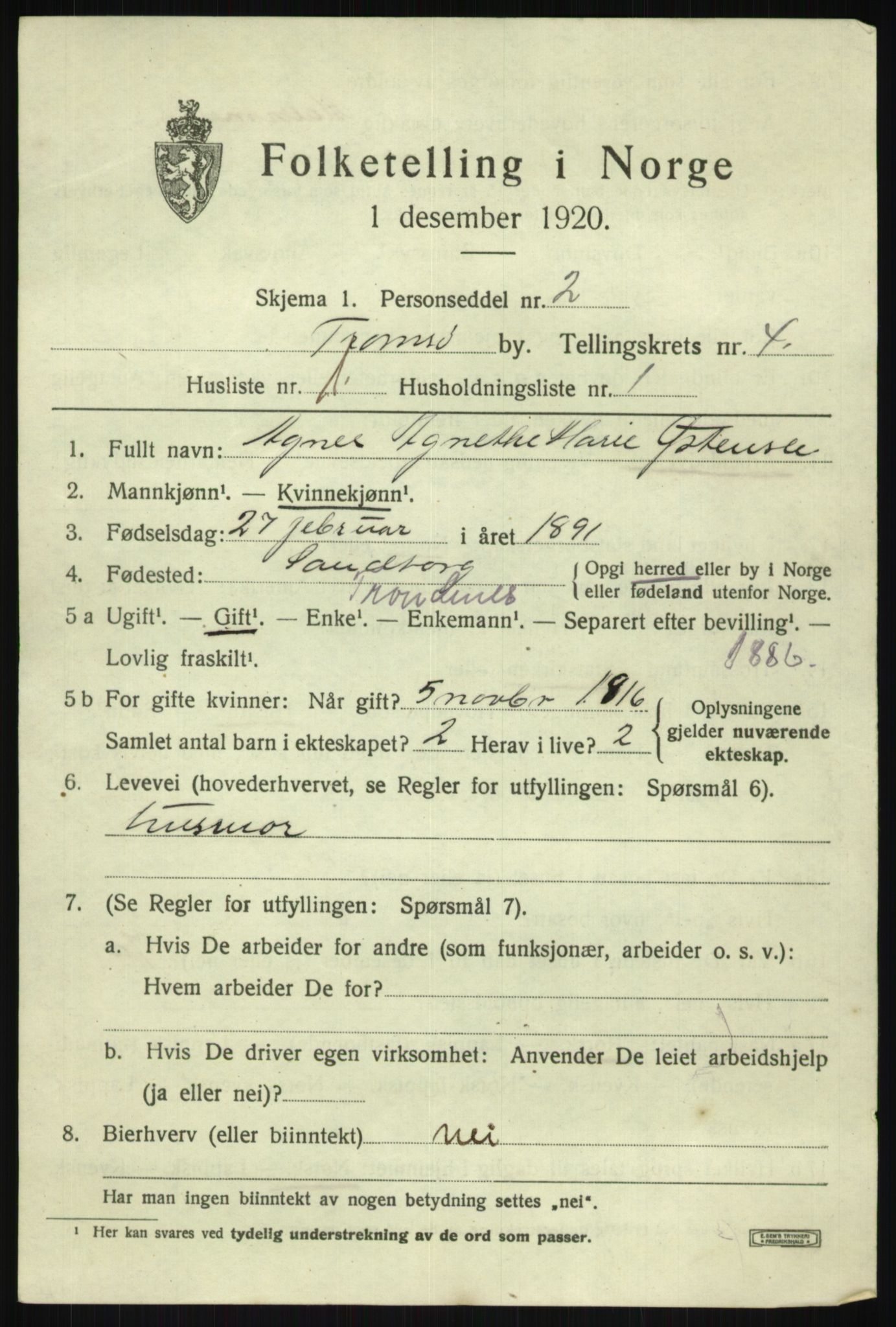 SATØ, 1920 census for Tromsø, 1920, p. 11764