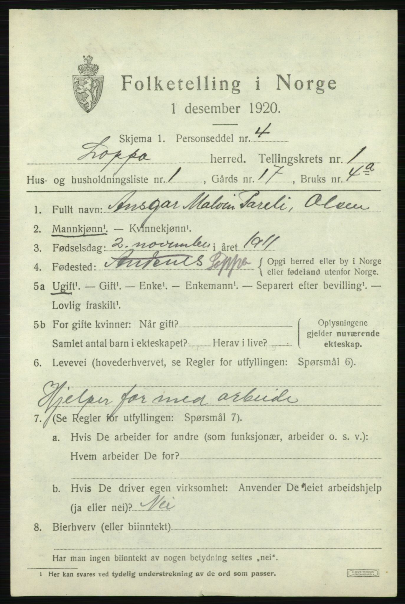 SATØ, 1920 census for Loppa, 1920, p. 628