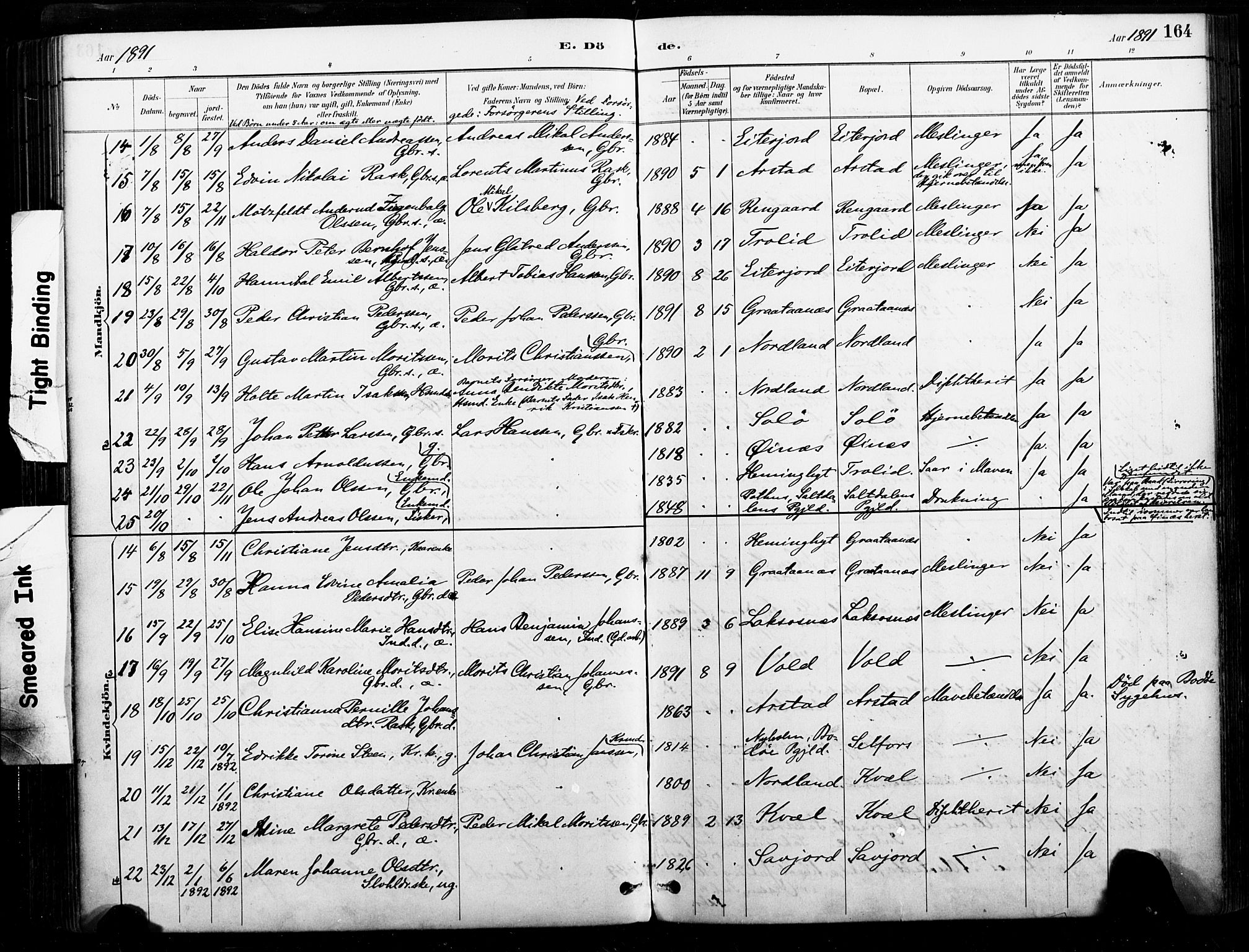 Ministerialprotokoller, klokkerbøker og fødselsregistre - Nordland, AV/SAT-A-1459/846/L0646: Parish register (official) no. 846A04, 1887-1901, p. 164