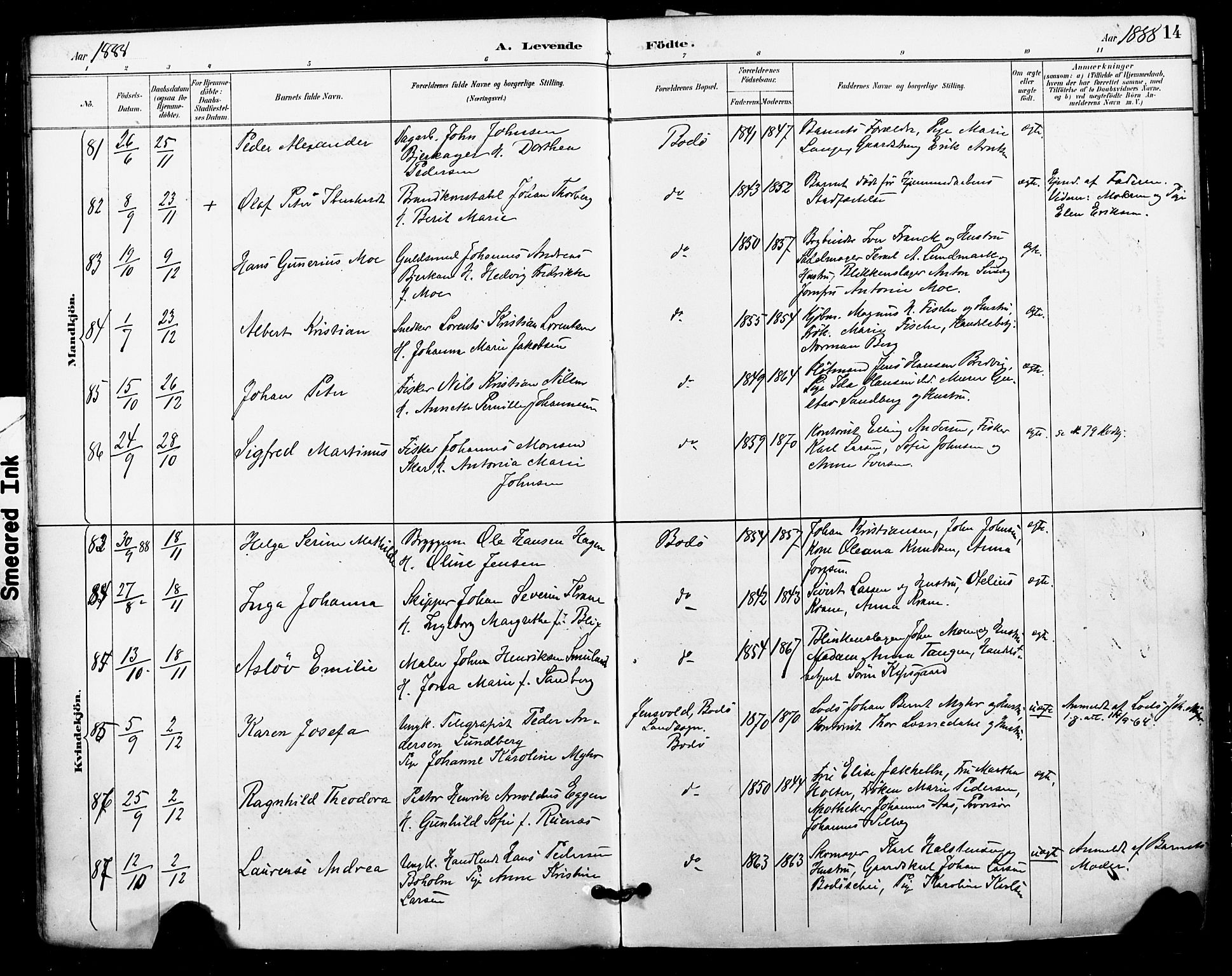 Ministerialprotokoller, klokkerbøker og fødselsregistre - Nordland, AV/SAT-A-1459/801/L0010: Parish register (official) no. 801A10, 1888-1899, p. 14