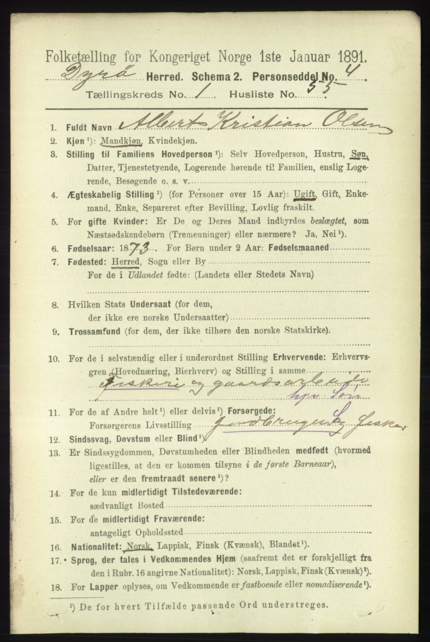 RA, 1891 census for 1926 Dyrøy, 1891, p. 406